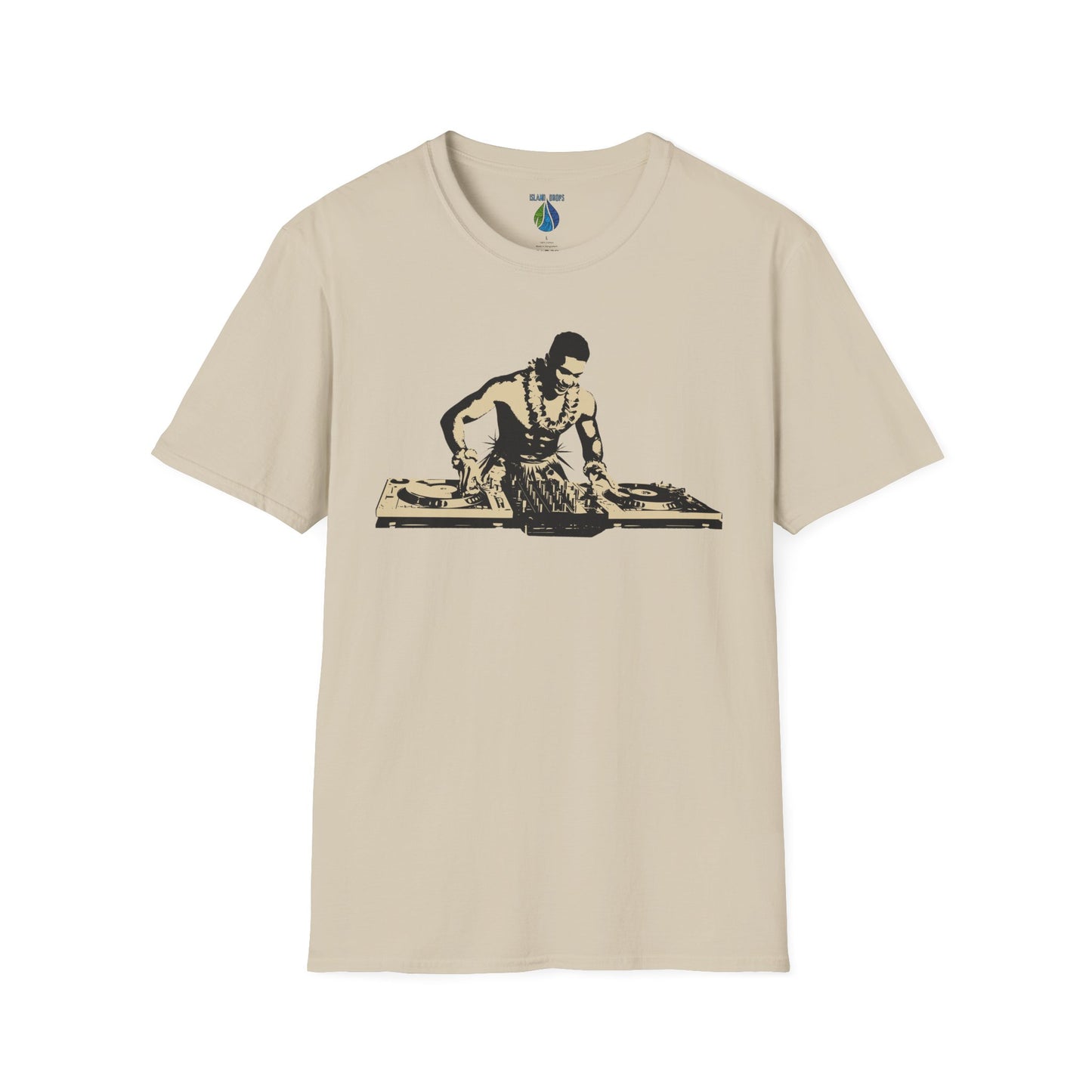 Beige t-shirt with a Hula DJ graphic design  - Island Drops t-shirt collection | Unisex t-shirt