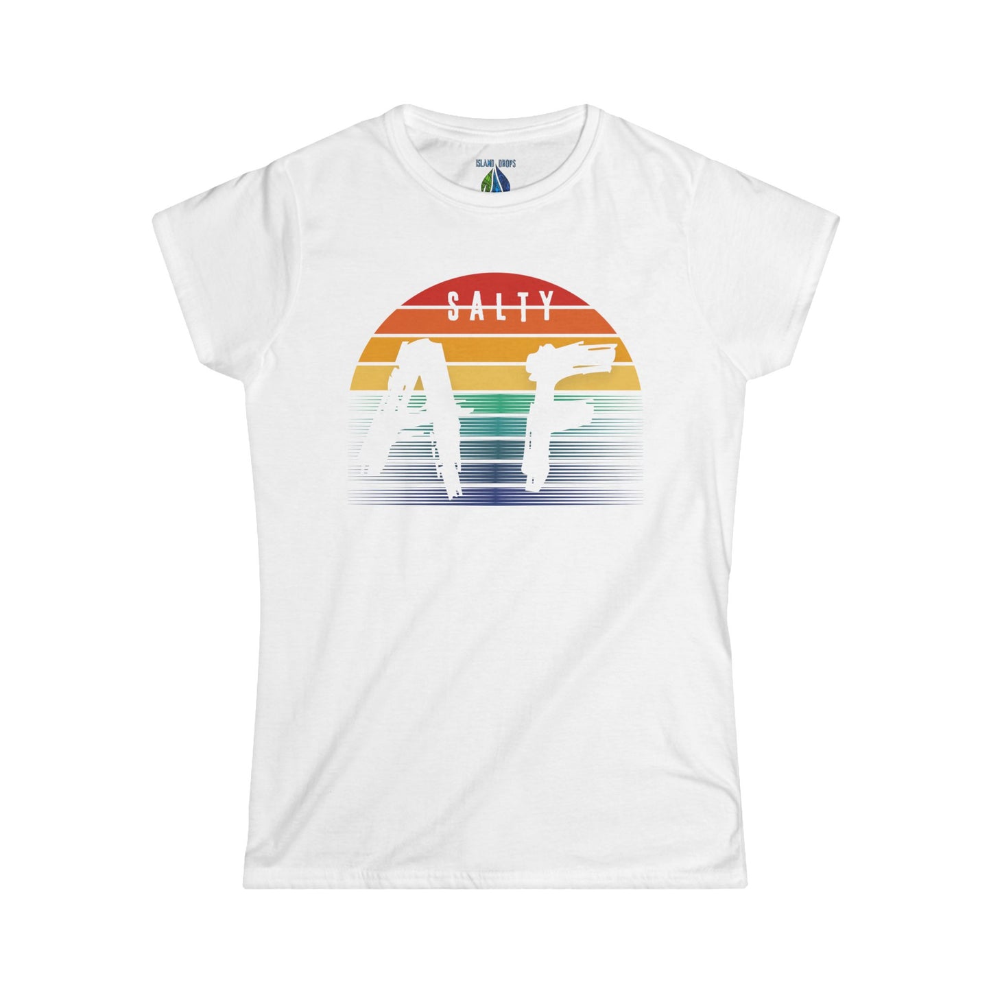 White women's cut t-shirt with a colorful rainbow sunset graphic and 'Salty AF' text - Island Drops Women's collection | Women's cut t-shirt
