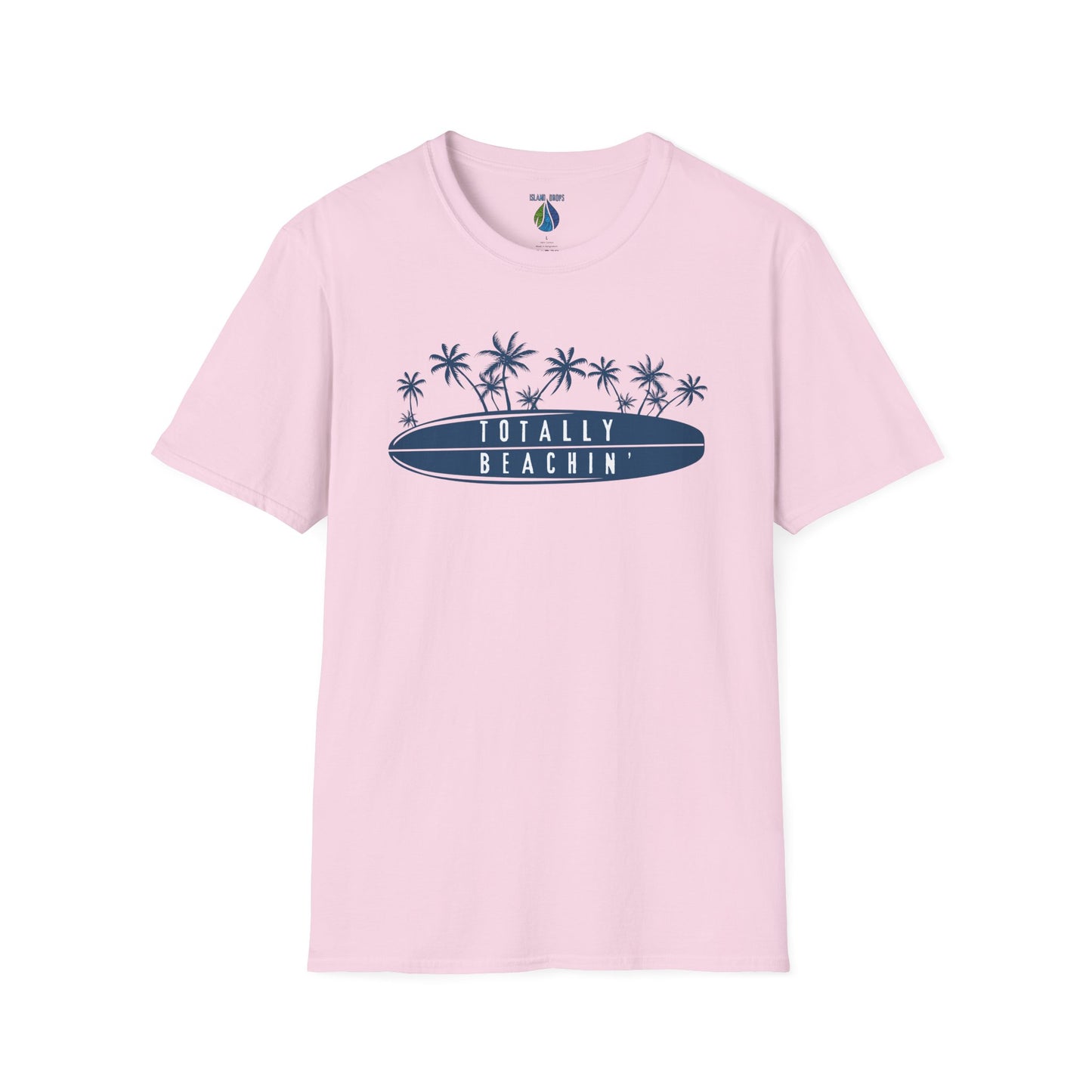 Pink  t-shirt  with 'TOTALLY BEACHIN' text and palm trees graphic design - Island Drops t-shirt collection | Unisex t-shirts