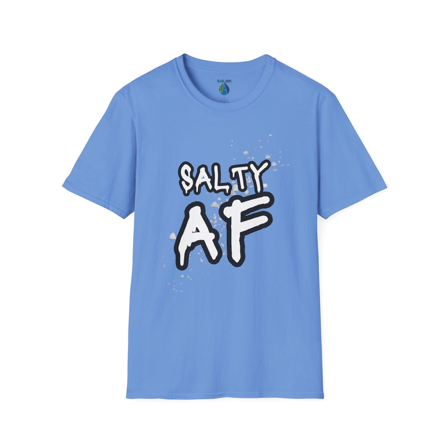 Blue t-shirt  with 'SALTY AF' text and stylized salt graphic design - Island Drops t-shirt collection | Unisex t-shirts