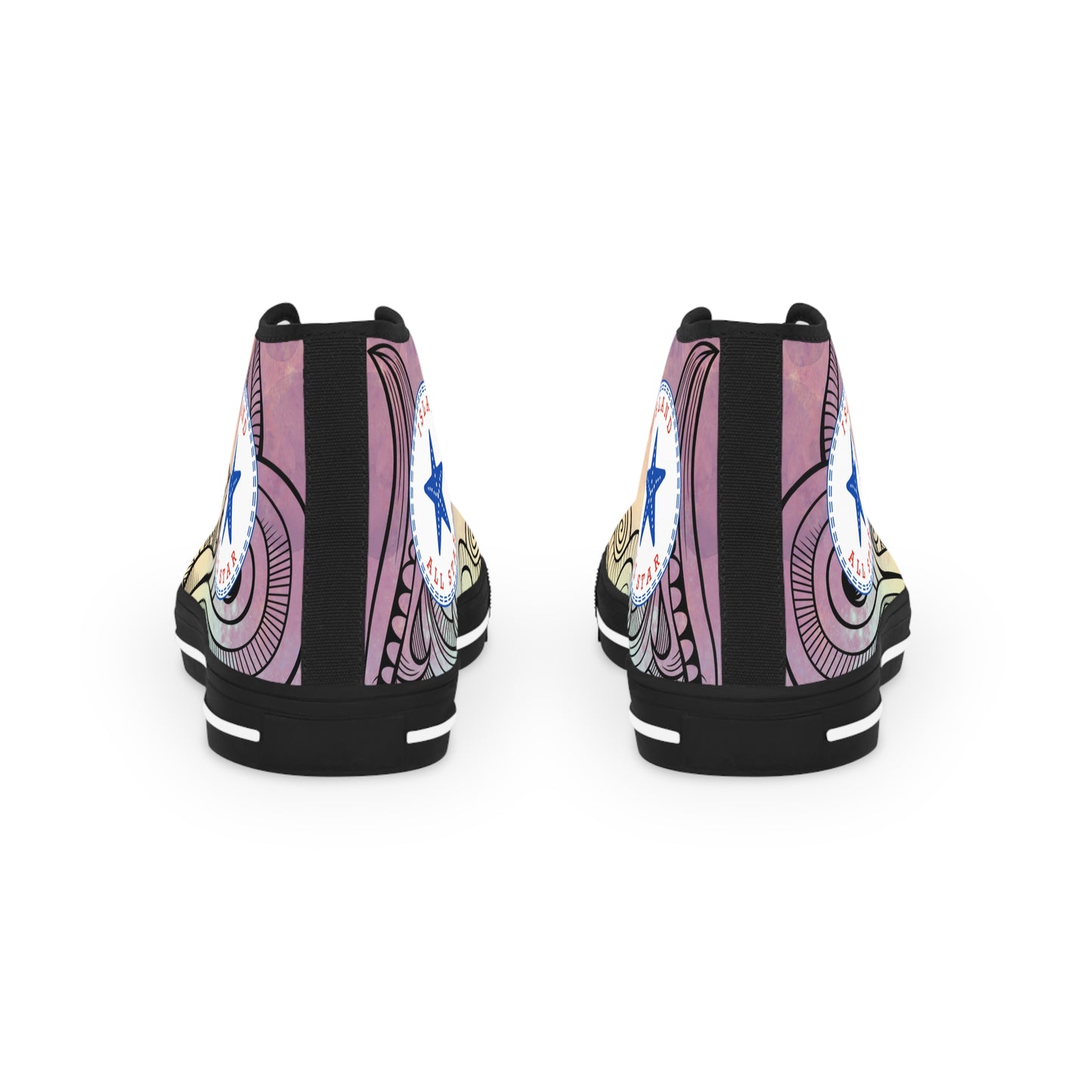 Red, orange, yellow colorful high-top sneakers with tribal tattoo graphic design, black soles - Island Drops shoes collection | Unisex High top shoes