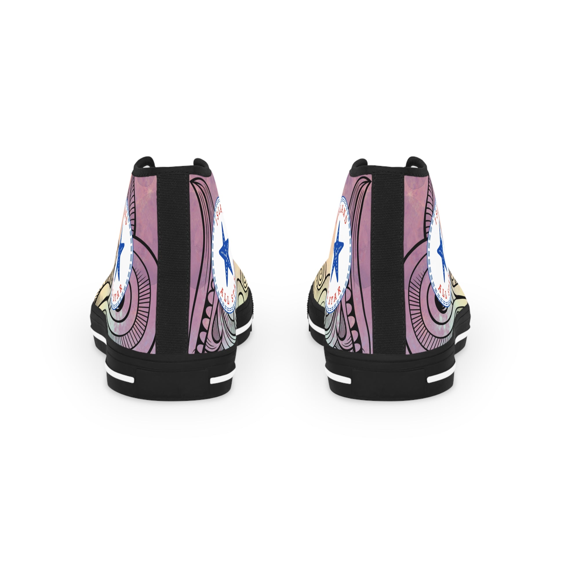 Red, orange, yellow colorful high-top sneakers with tribal tattoo graphic design, black soles - Island Drops shoes collection | Unisex High top shoes