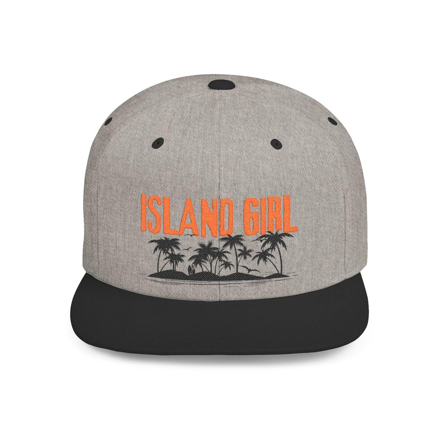 Gray and black cap with 'ISLAND GIRL' text and palm trees and island graphic design - Island Drops hat collection | Unisex snapback cap