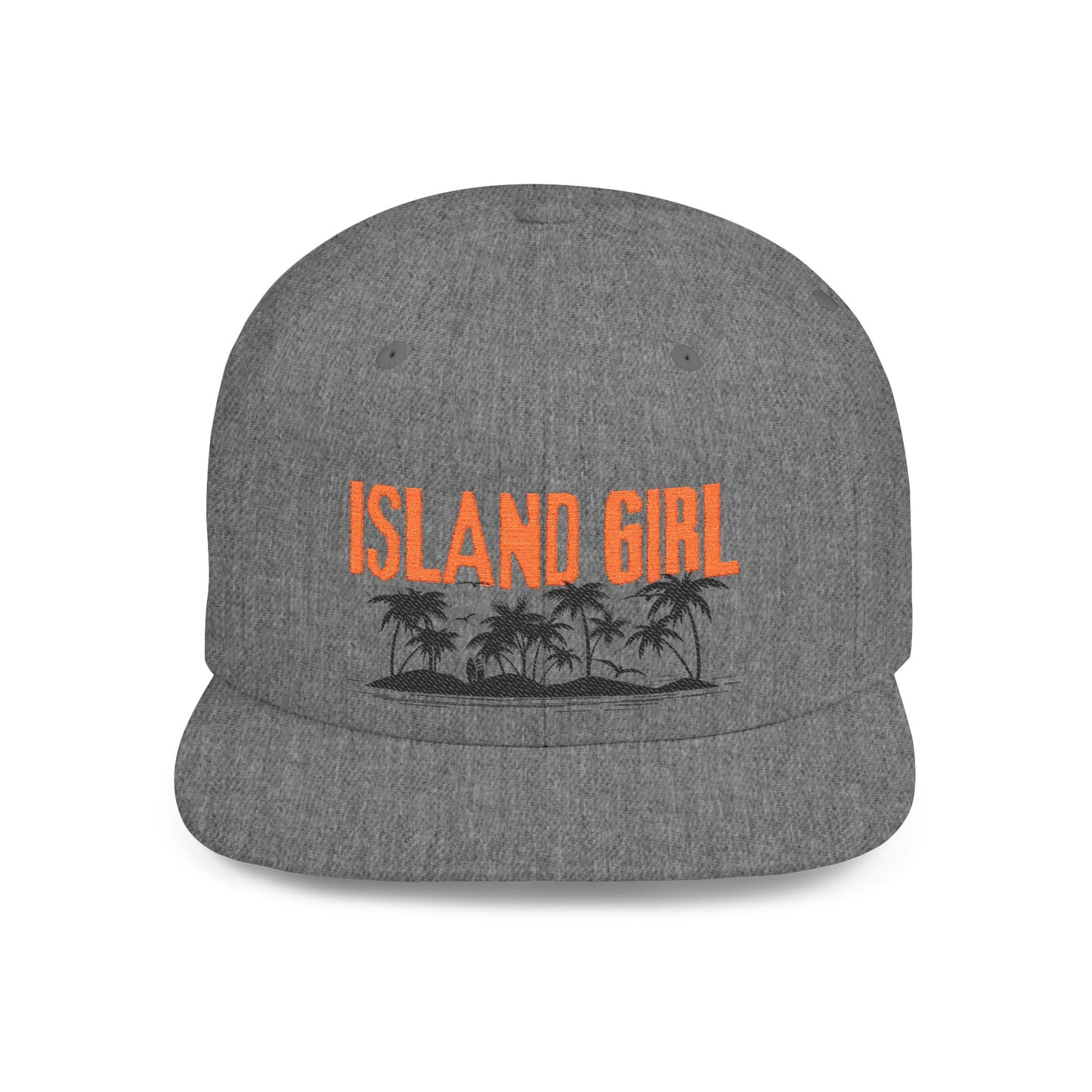 Gray cap with 'ISLAND GIRL' text and palm trees and island graphic design - Island Drops hat collection | Unisex snapback cap