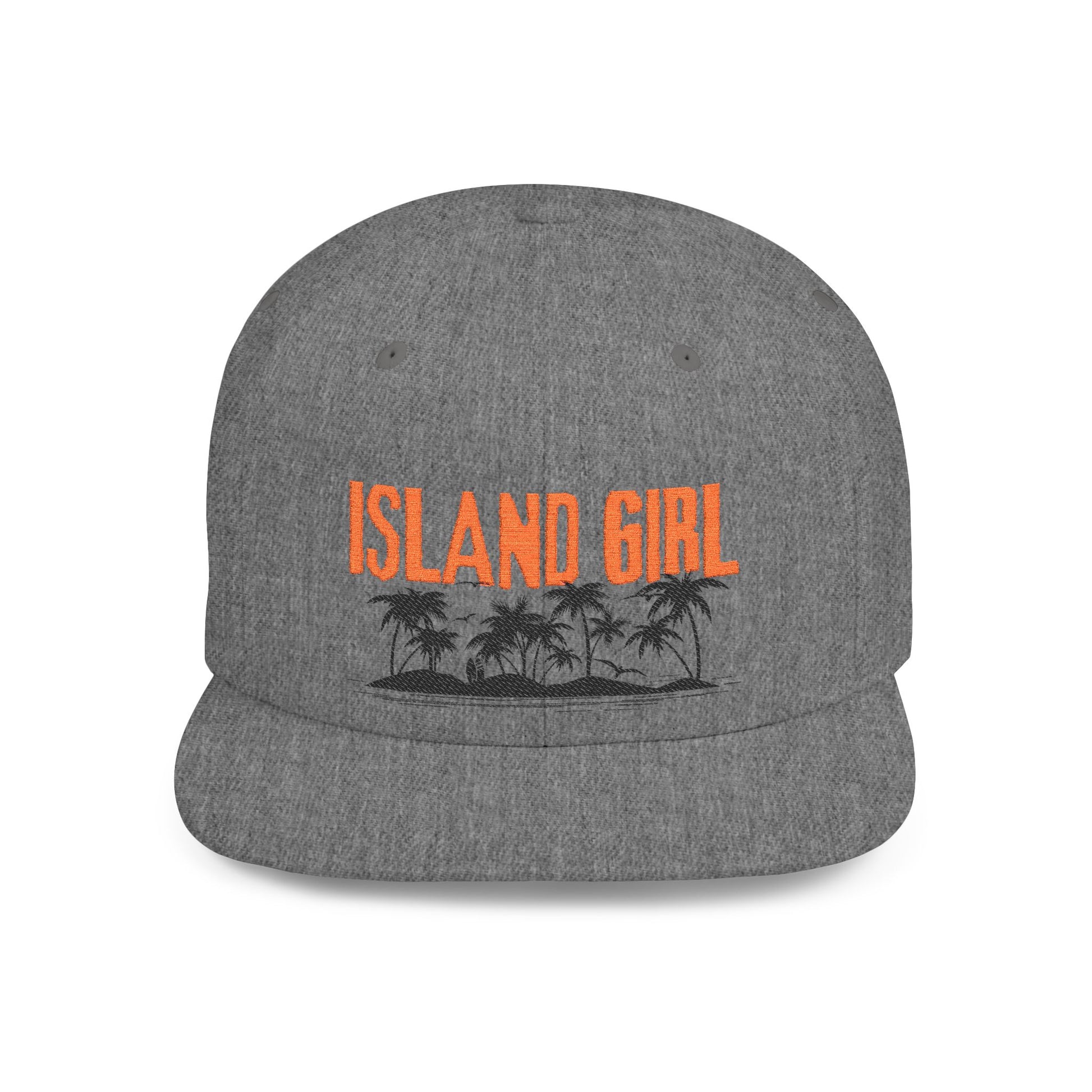 Gray cap with 'ISLAND GIRL' text and palm trees and island graphic design - Island Drops hat collection | Unisex snapback cap