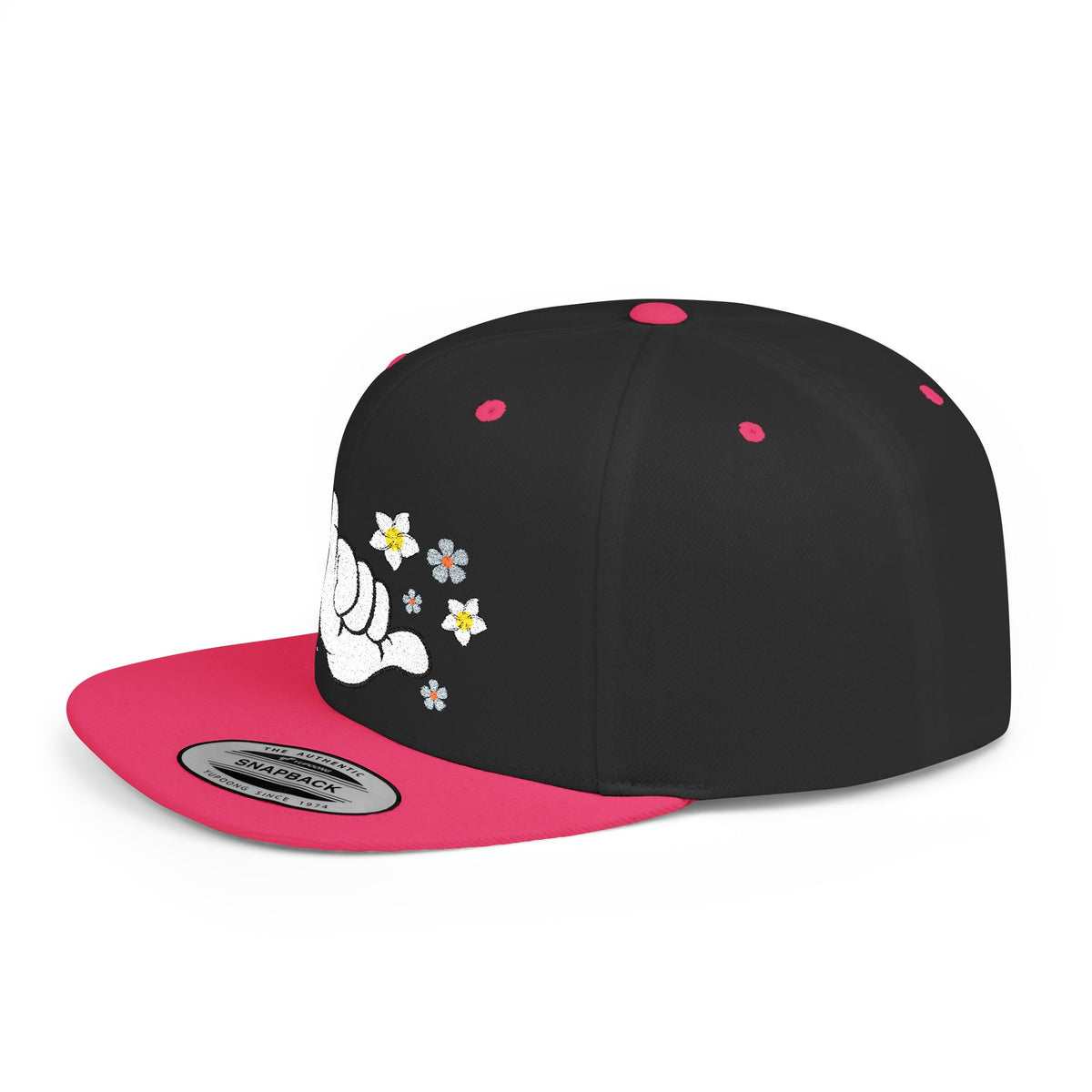 Black Hang Loose floral snapback side view with pink flat bill