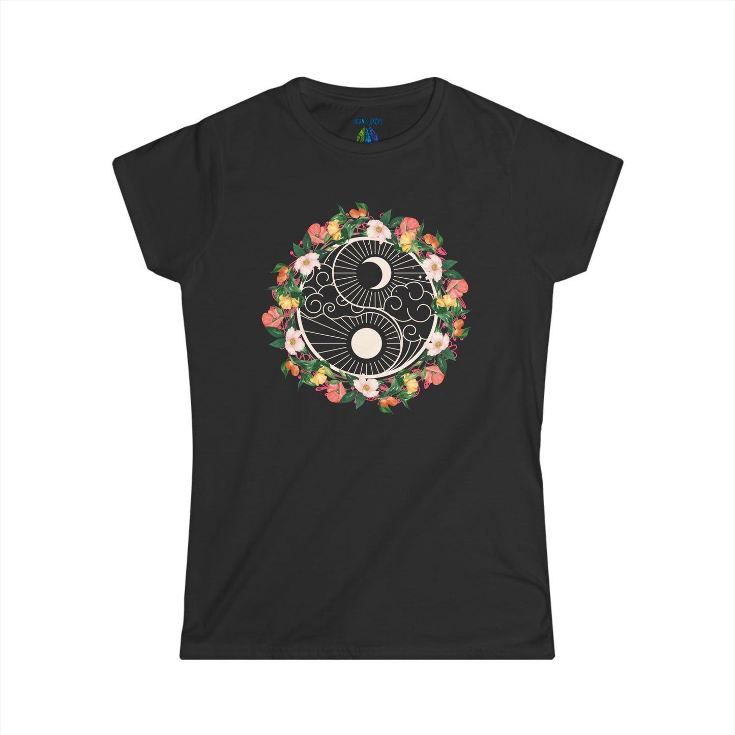 Black women's cut t-shirt with floral yin yang graphic design - Island Drops Women's collection | Women's cut t-shirt