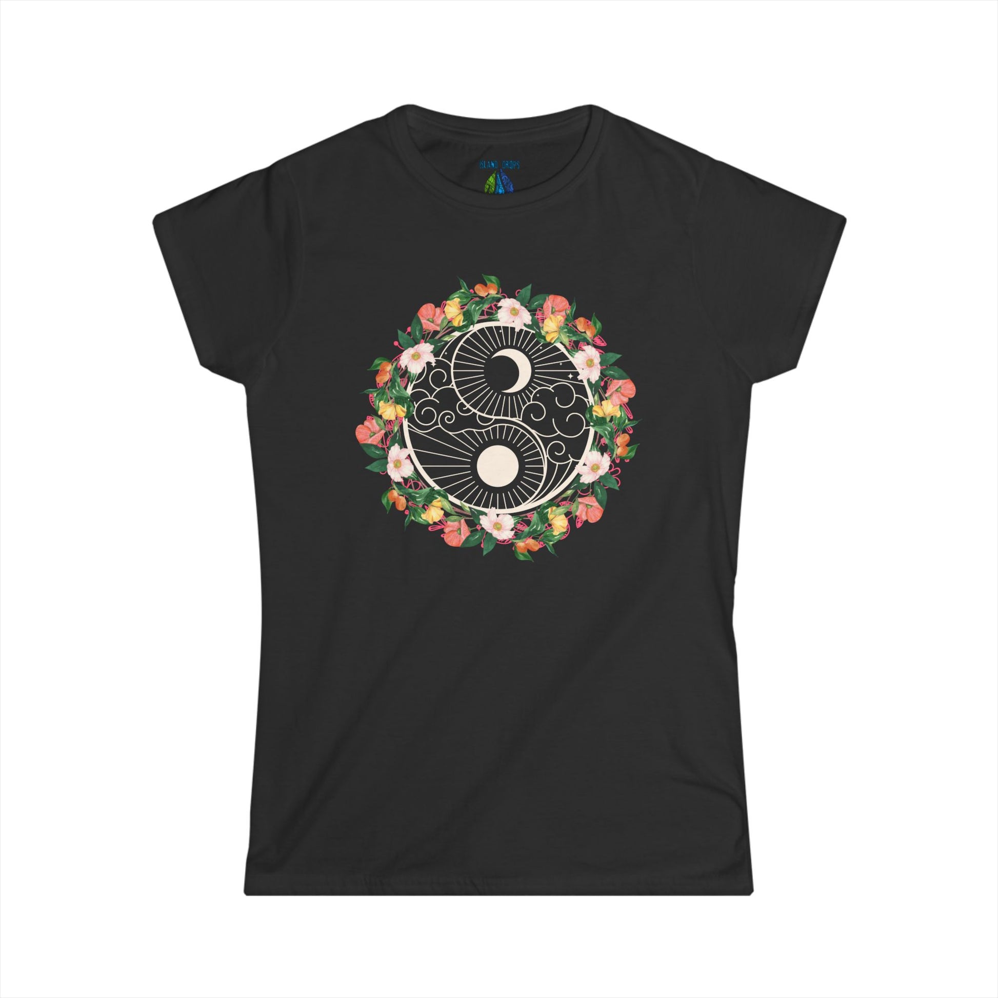 Black women's cut t-shirt with floral yin yang graphic design - Island Drops Women's collection | Women's cut t-shirt