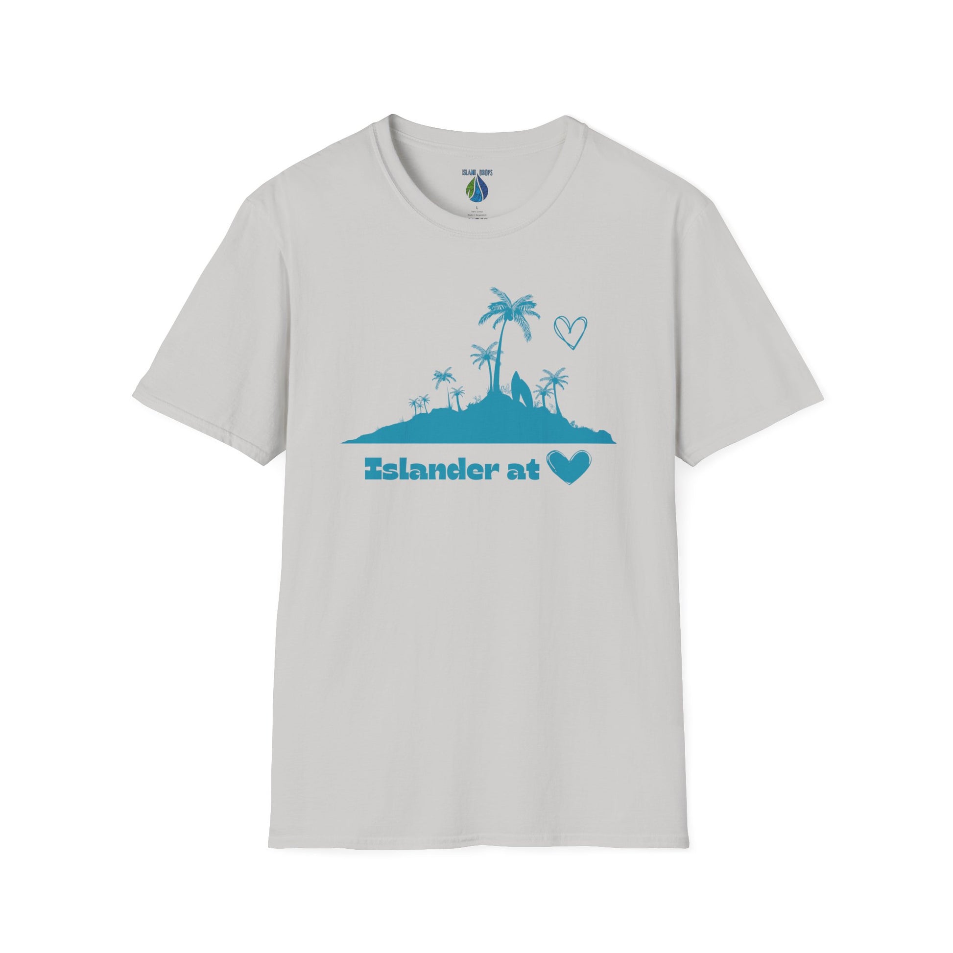 Gray t-shirt  with 'Islander at Heart' text with palm trees and island graphic design - Island Drops t-shirt collection | Unisex t-shirts