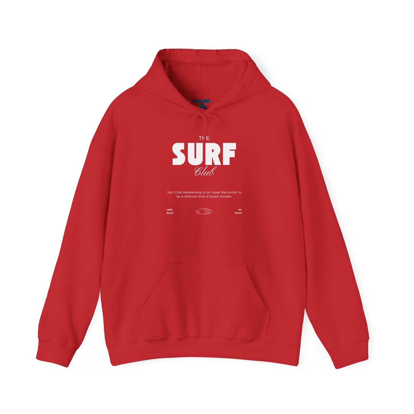 Red hoodie with 'SURF Club' text, 100% Board, 0%Bored - Island Drops hoodie collection | Unisex pullover