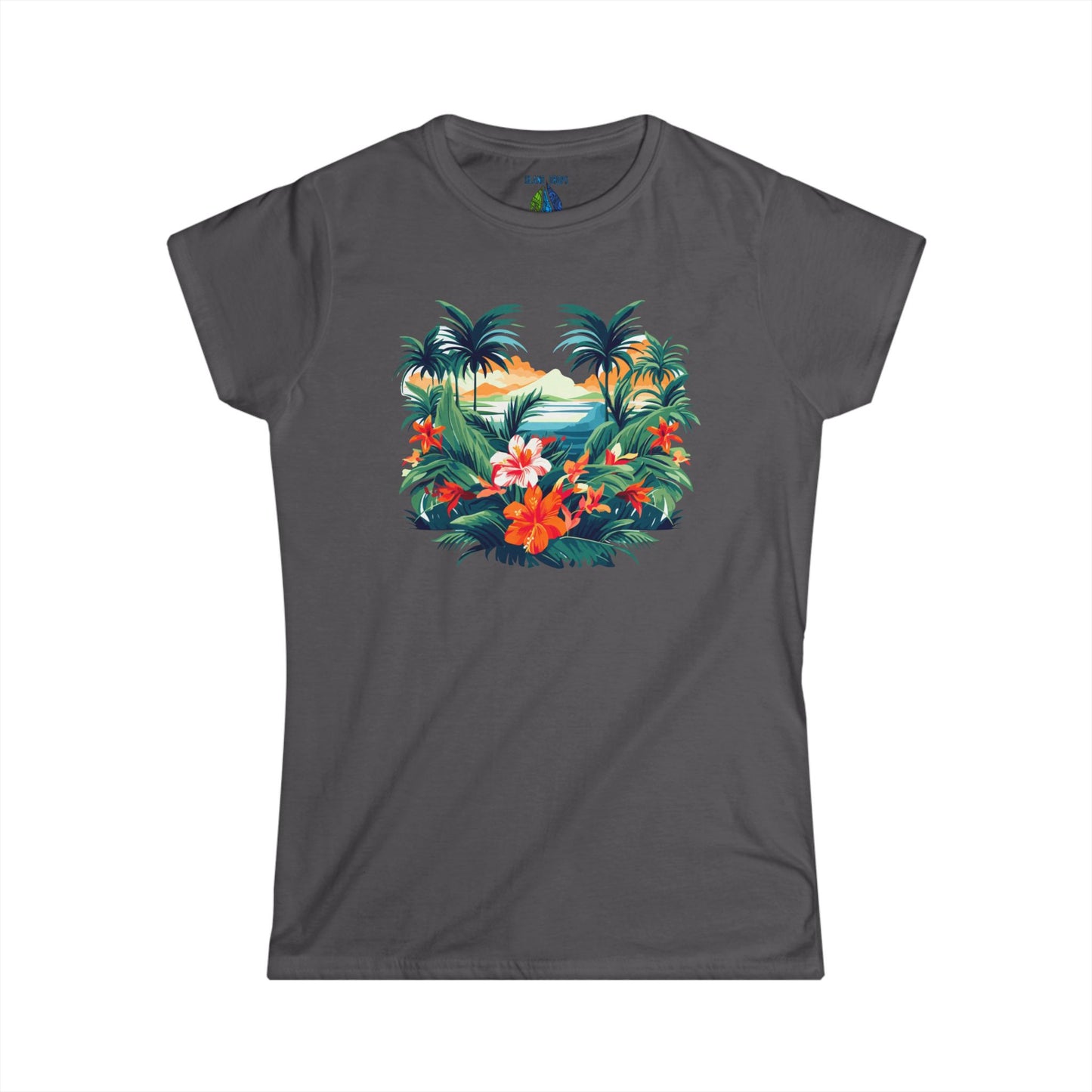 Gray women's cut t-shirt with floral beach graphic design - Island Drops Women's collection | Women's cut t-shirt
