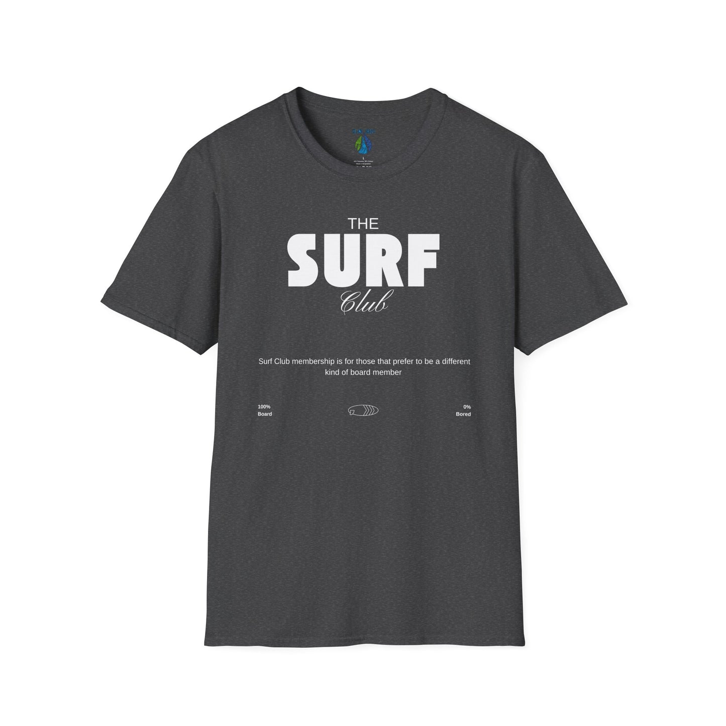 Gray t-shirt  with 'THE SURF CLUB' text and meaning, 100% BOARD, 0% BORED - Island Drops t-shirt collection | Unisex t-shirts