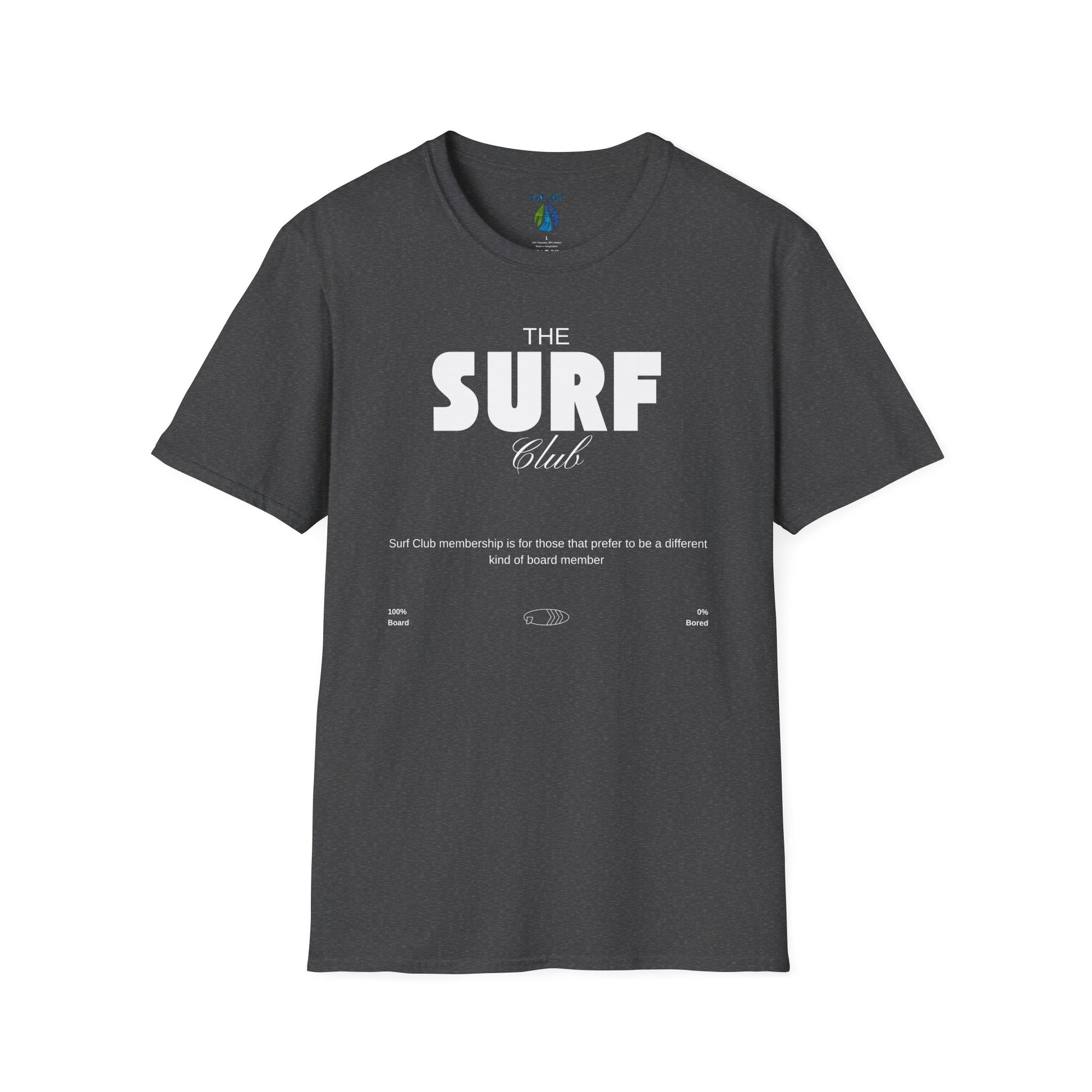 Gray t-shirt  with 'THE SURF CLUB' text and meaning, 100% BOARD, 0% BORED - Island Drops t-shirt collection | Unisex t-shirts