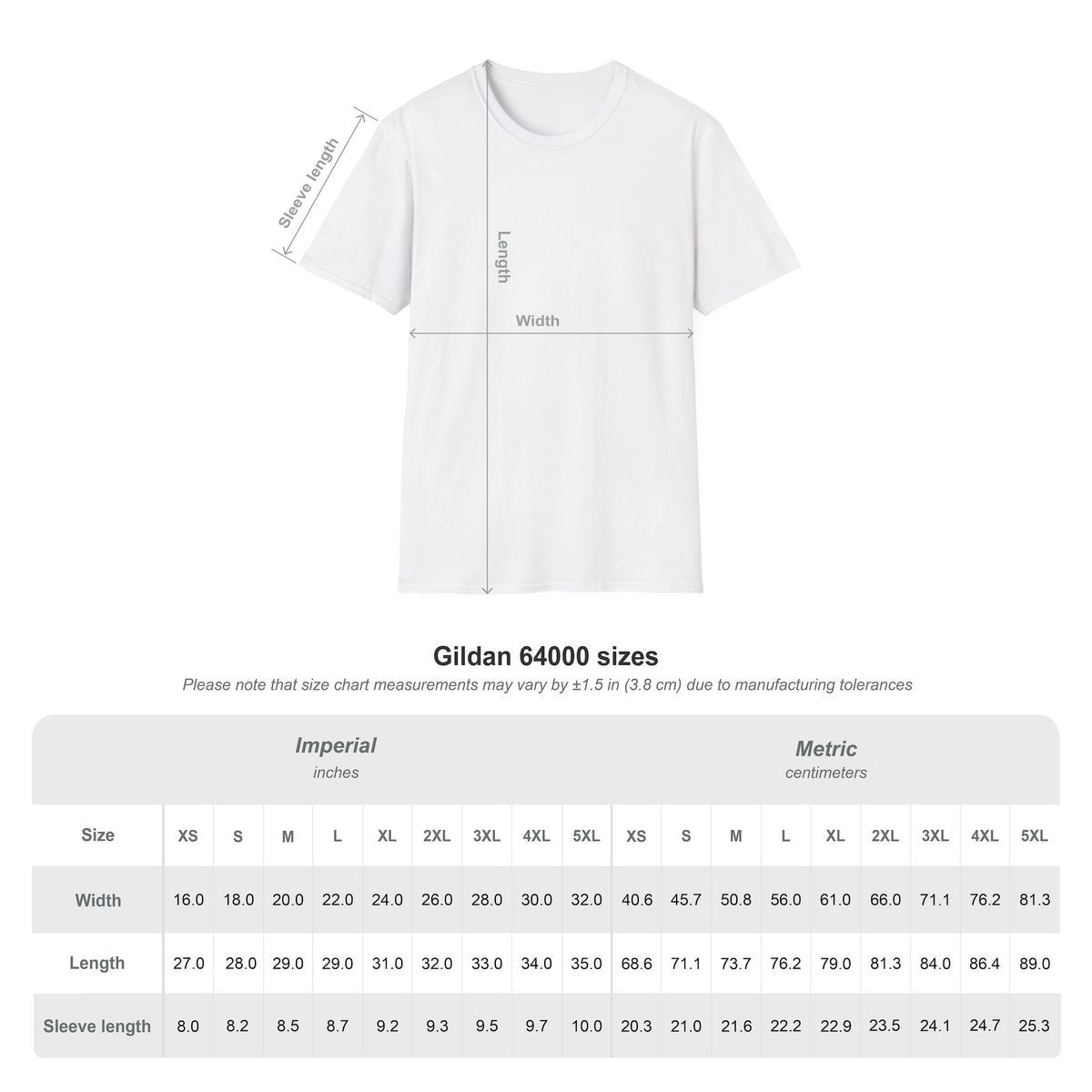 KAHU T-shirt size chart
