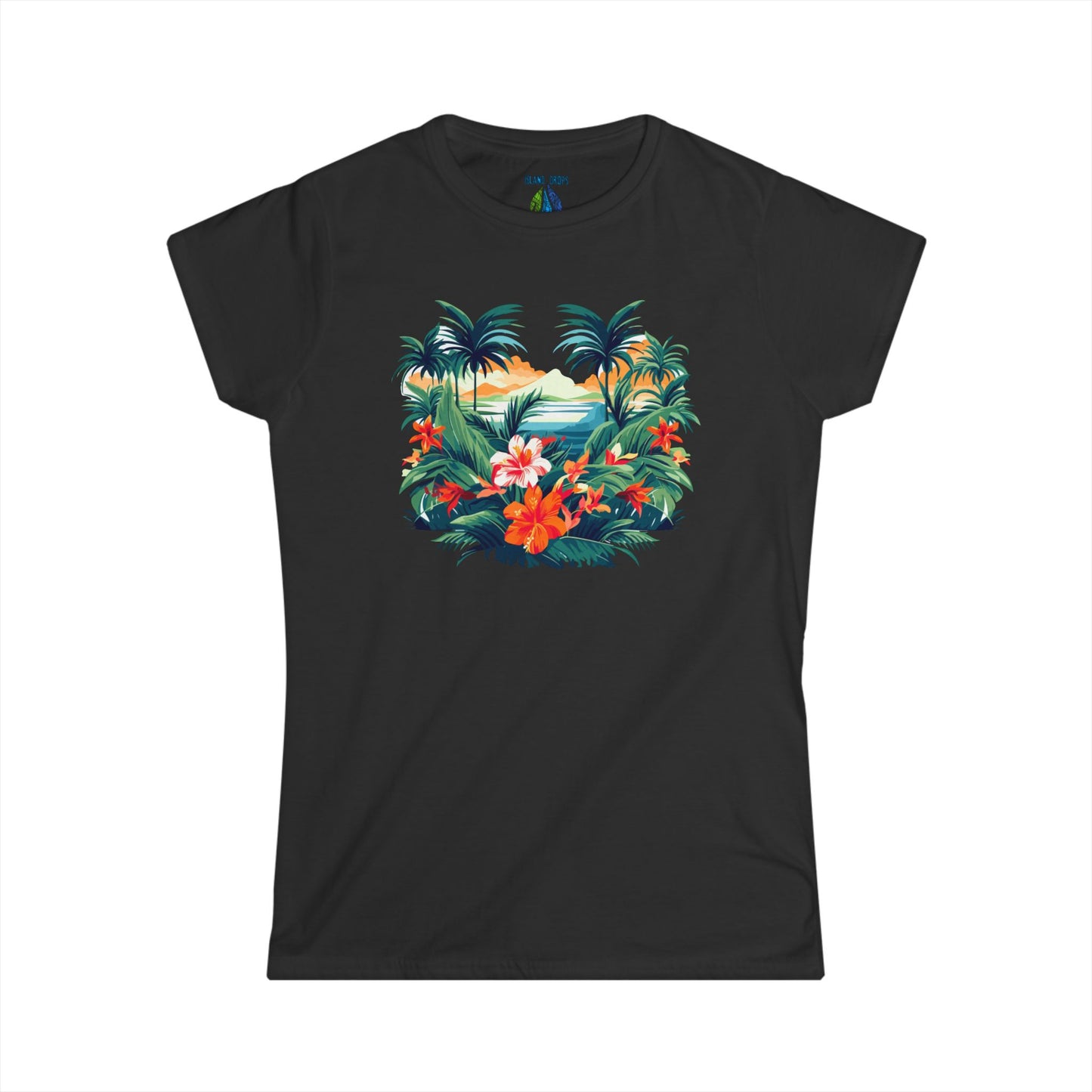 Black women's cut t-shirt with floral beach graphic design - Island Drops Women's collection | Women's cut t-shirt