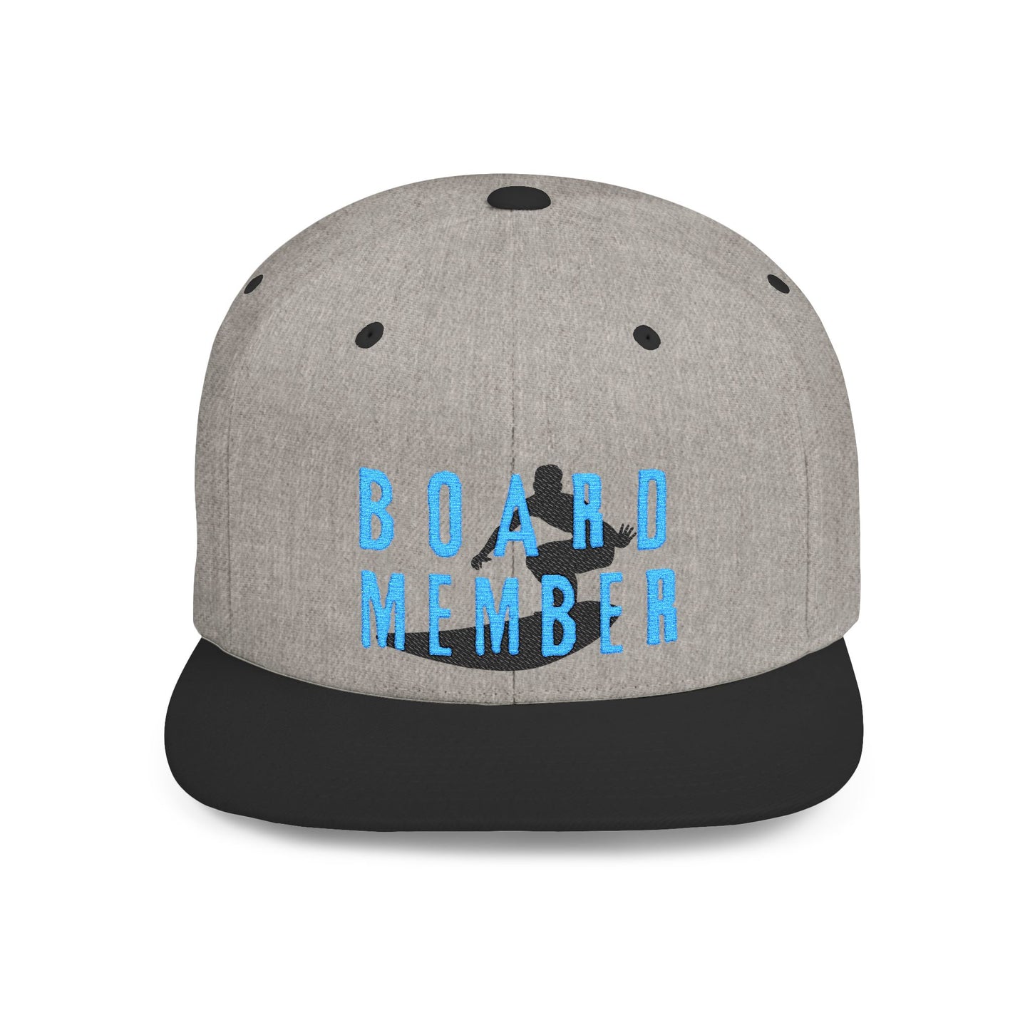 Gray and black cap with 'BOARD MEMBER' text and a surfer graphic design - Island Drops hat collection | Unisex snapback cap