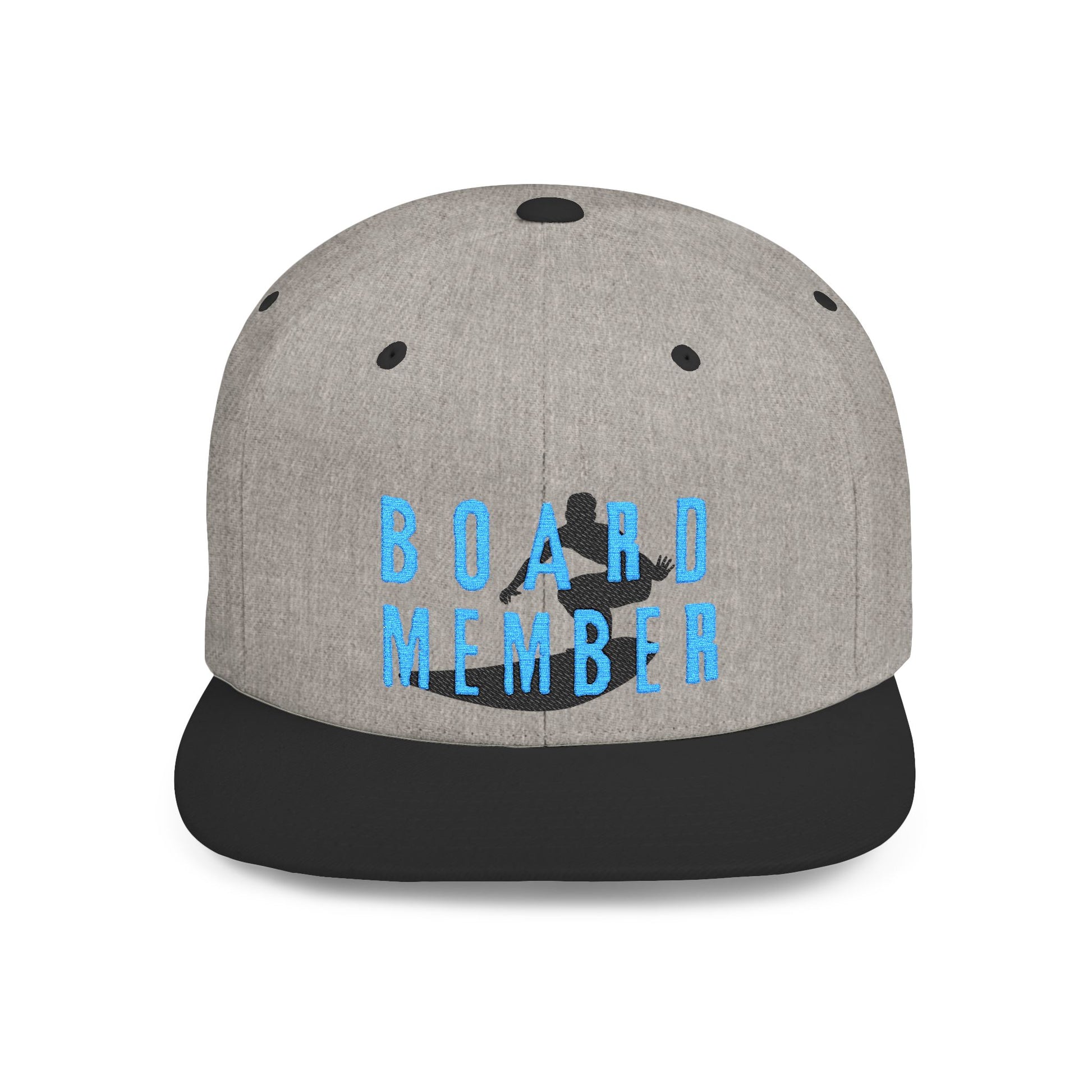 Gray and black cap with 'BOARD MEMBER' text and a surfer graphic design - Island Drops hat collection | Unisex snapback cap