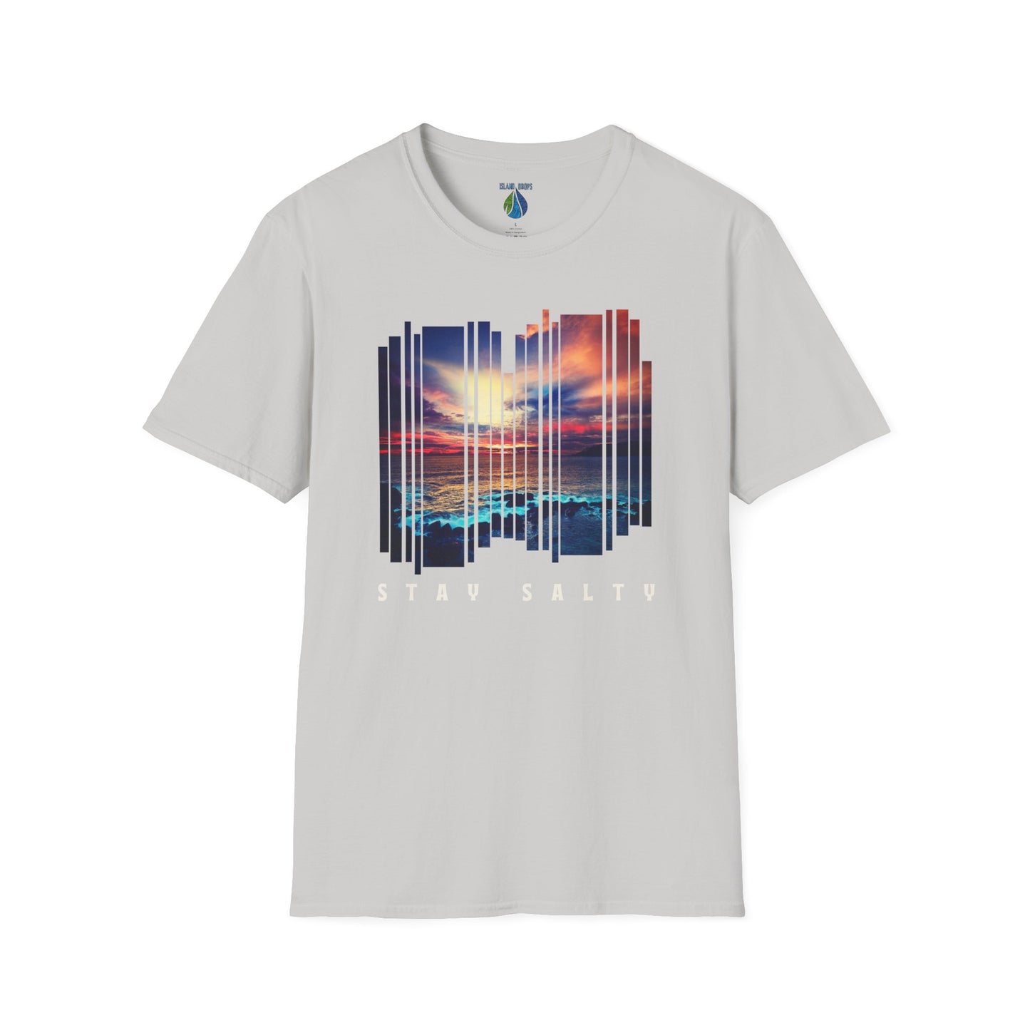 Gray t-shirt  with 'STAY SALTY' text and stylized sunset graphic design - Island Drops t-shirt collection | Unisex t-shirts