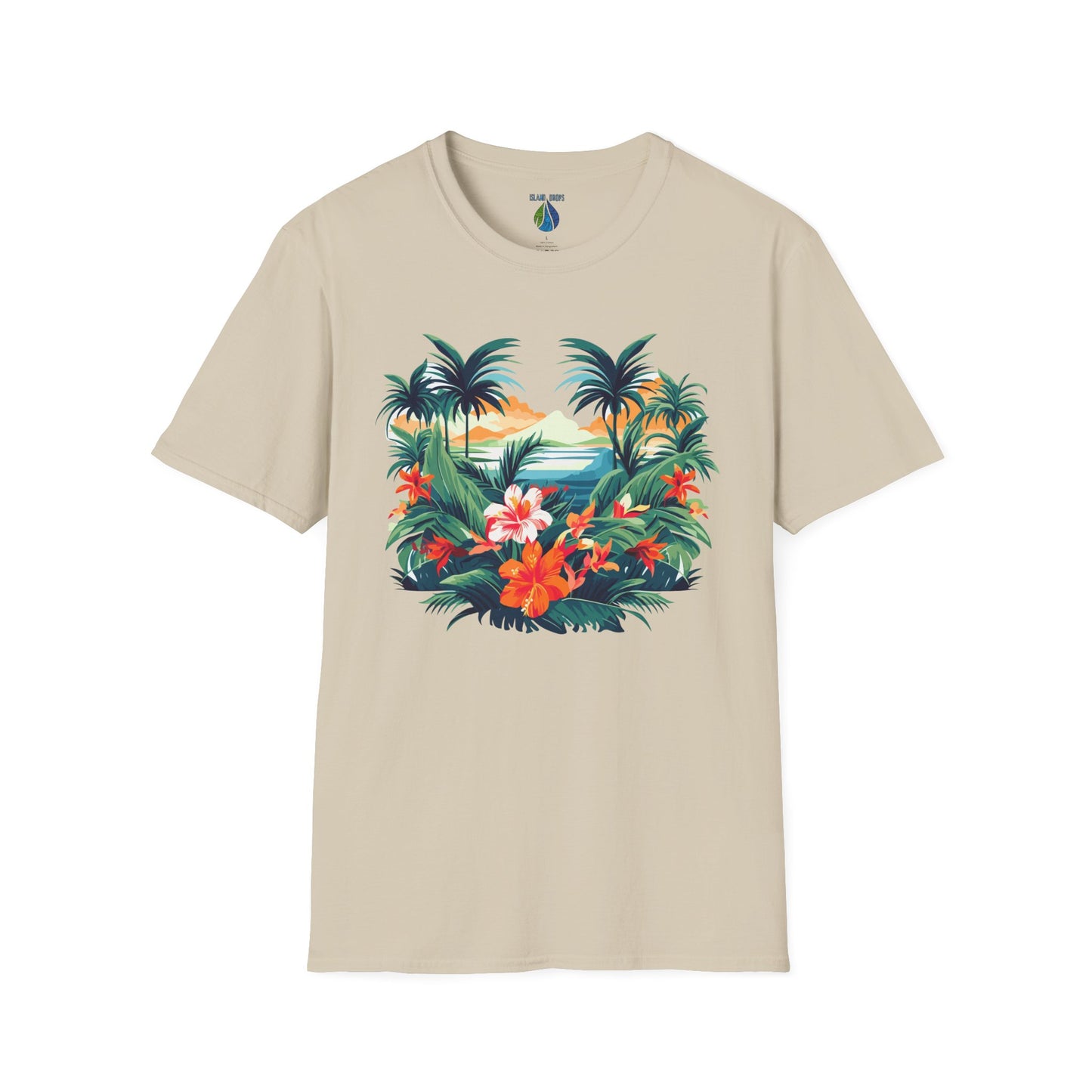 Beige t-shirt with floral beach graphic design - Island Drops t-shirt collection | Unisex t-shirt