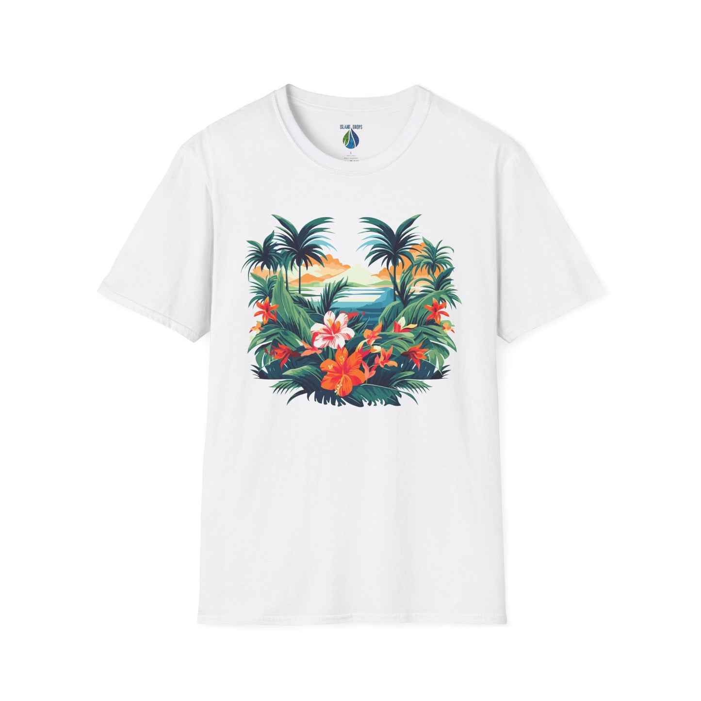 White t-shirt with floral beach graphic design - Island Drops t-shirt collection | Unisex t-shirt