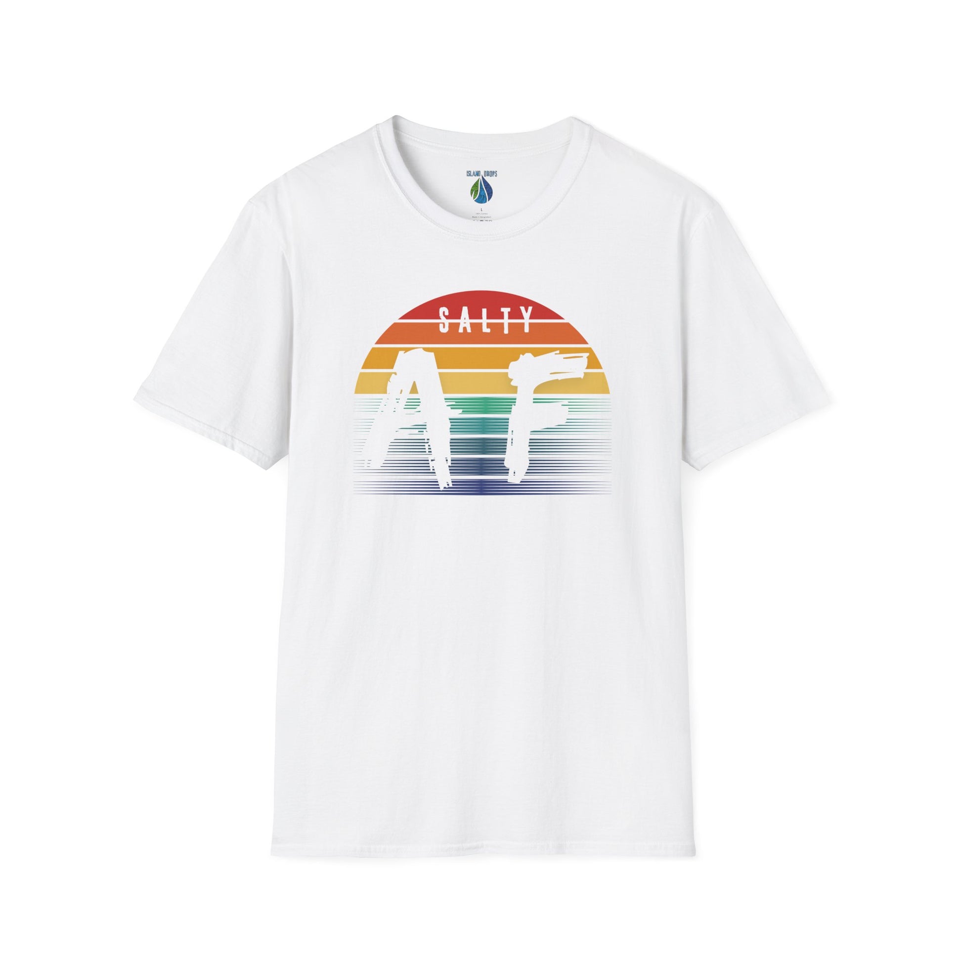 White t-shirt with 'SALTY AF', graphic design and rainbow sunset  - Island Drops t-shirt collection | Unisex t-shirts