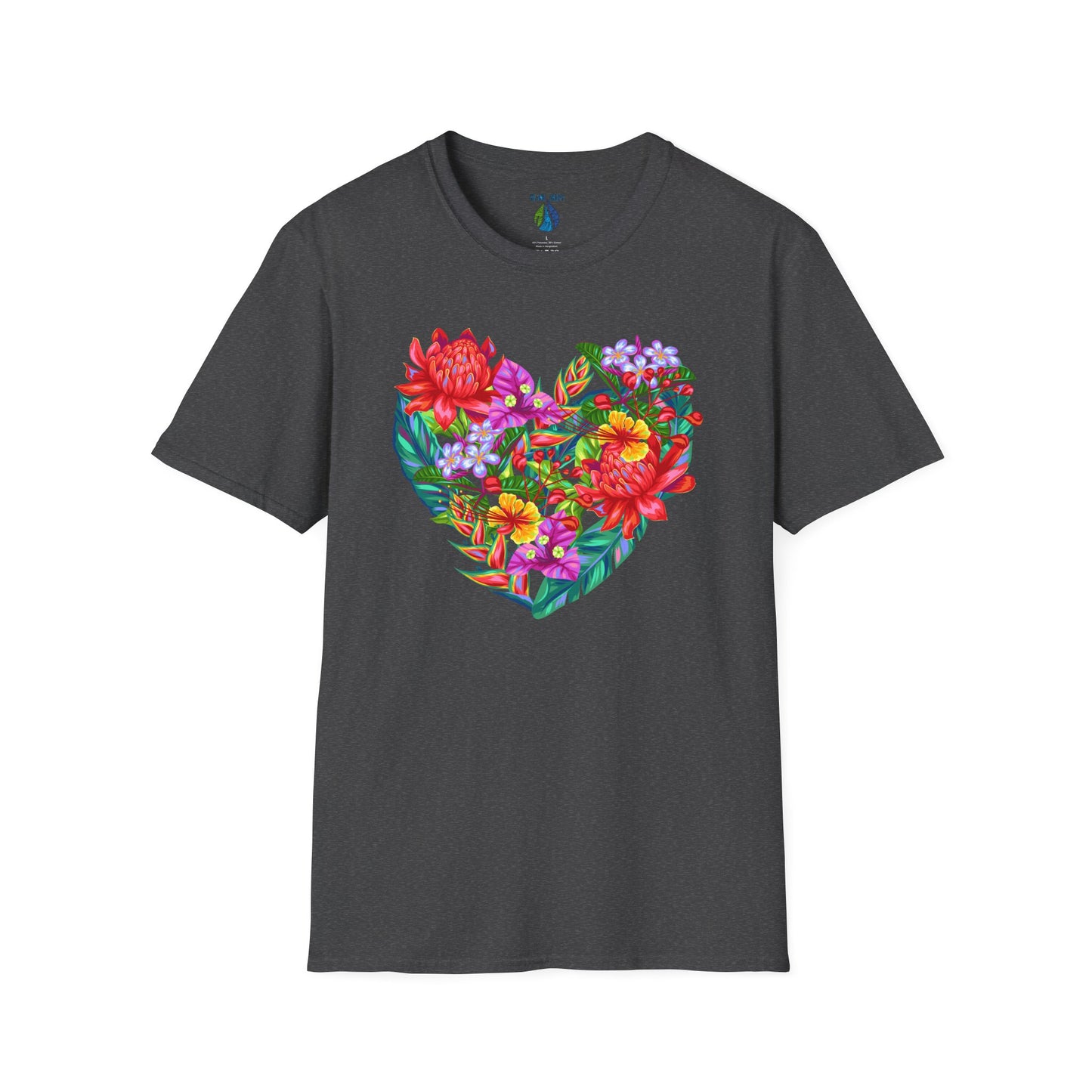 Gray t-shirt with floral heart graphic design - Island Drops t-shirt collection | Unisex t-shirts