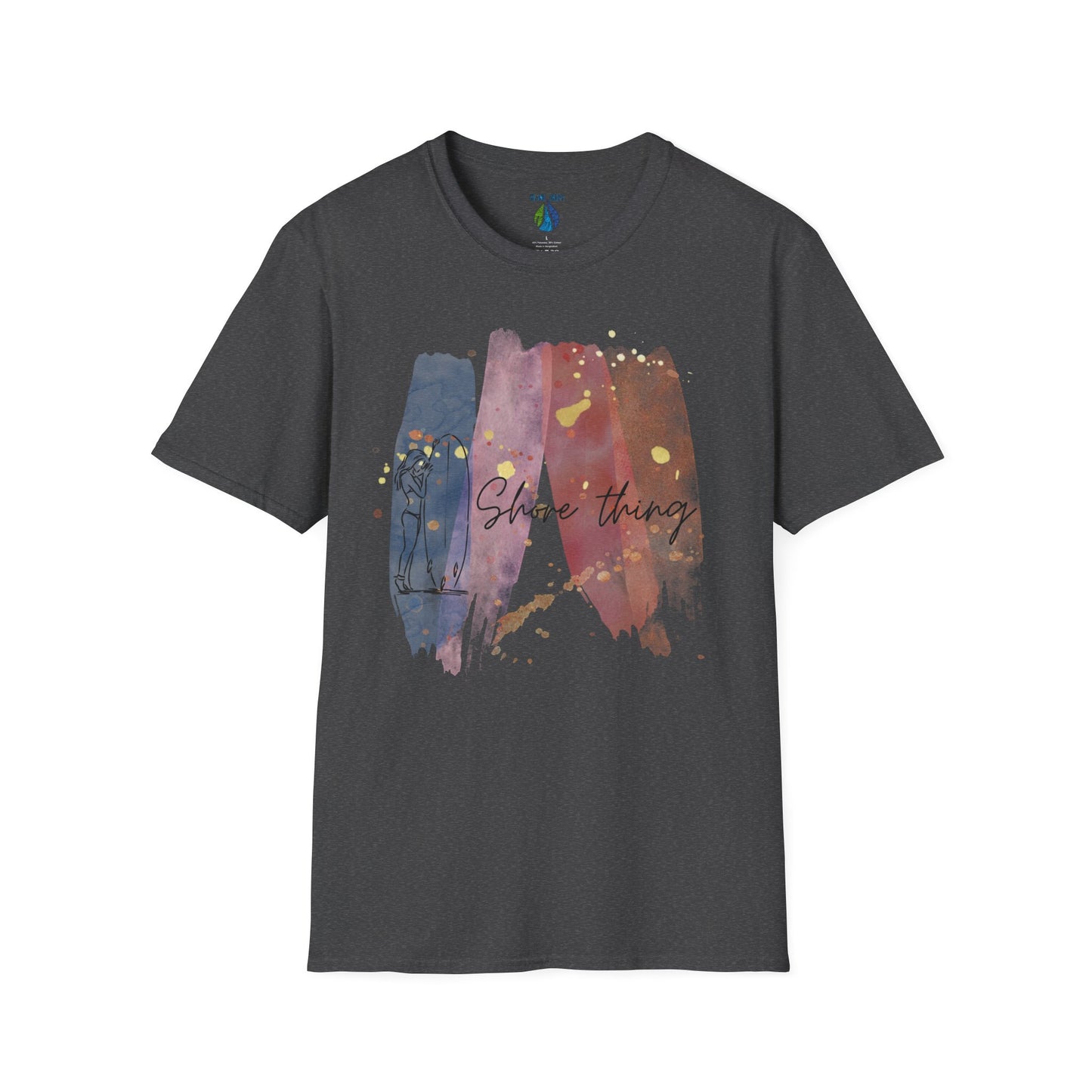 Gray t-shirt  with 'Shore Thing' text and watercolor and surfer girl graphic design - Island Drops t-shirt collection | Unisex t-shirts