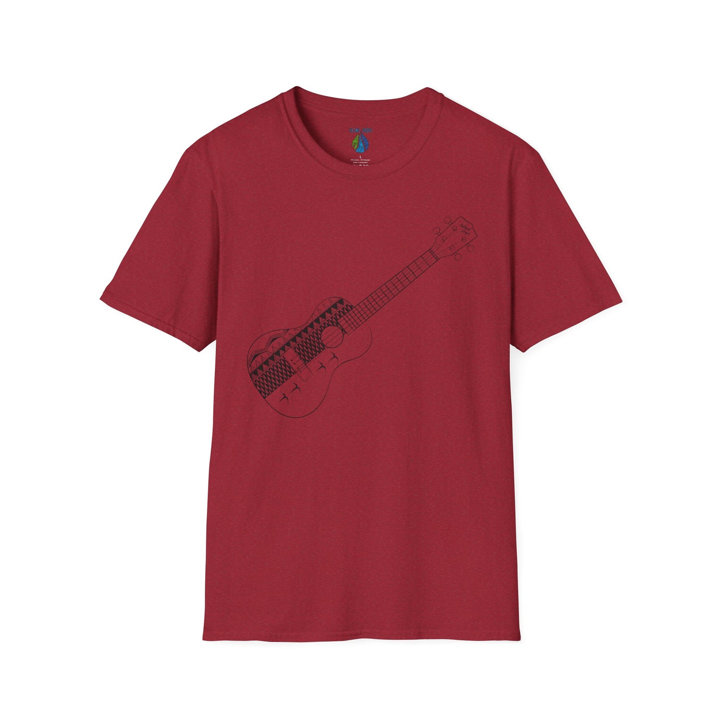 Red t-shirt  with a ukulele graphic design - Island Drops t-shirt collection | Unisex t-shirts