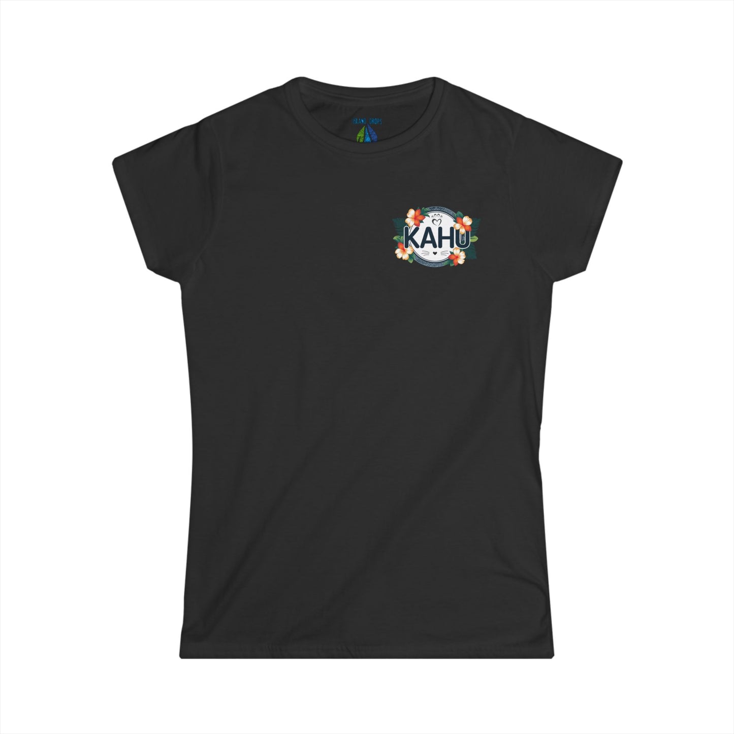 Black women's t-shirt with a graphic KAHU design with flowers and paw prints  - Island Drops women's t-shirt collection | Women's cut t-shirt