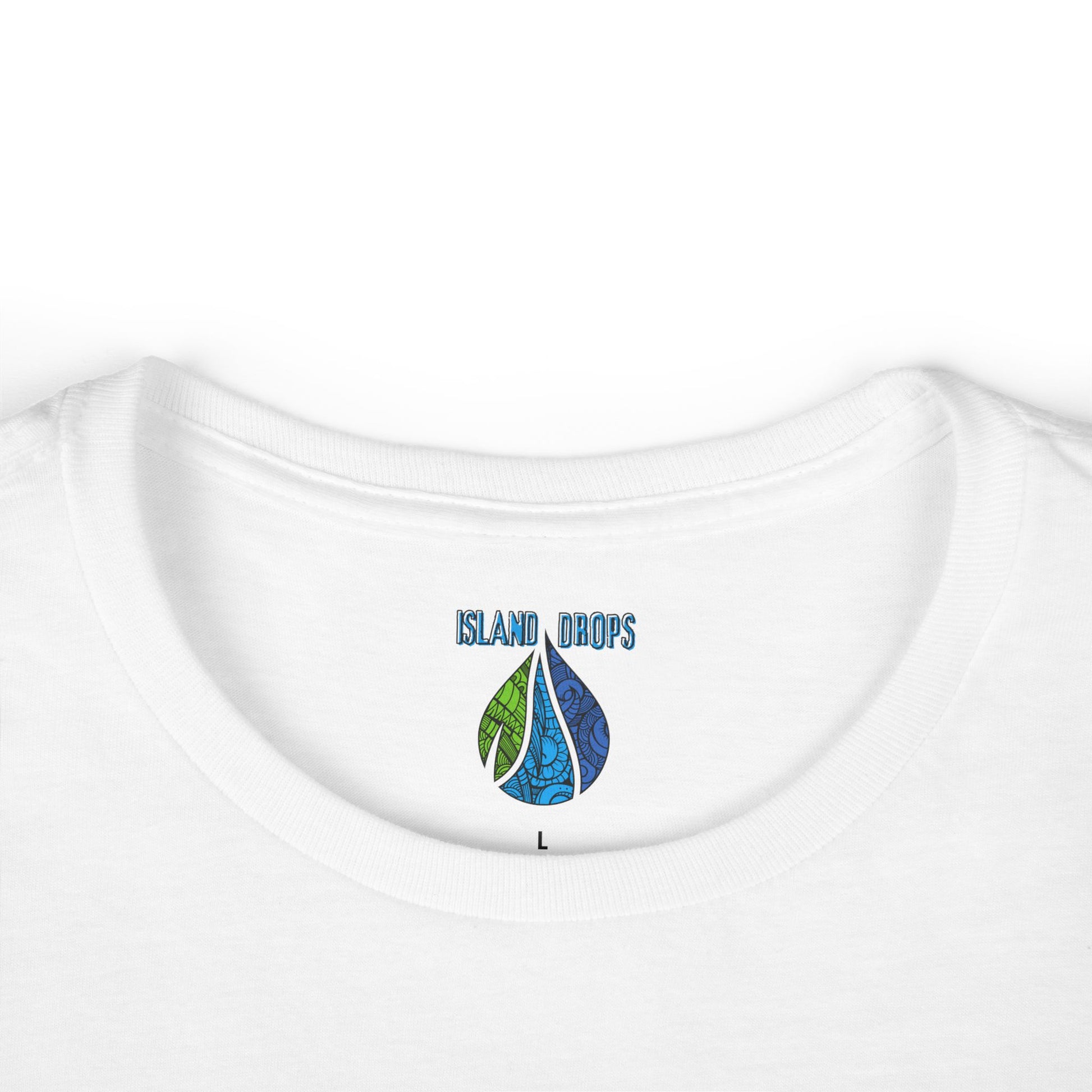 White t-shirt with 'Island Drops' logo on a white background