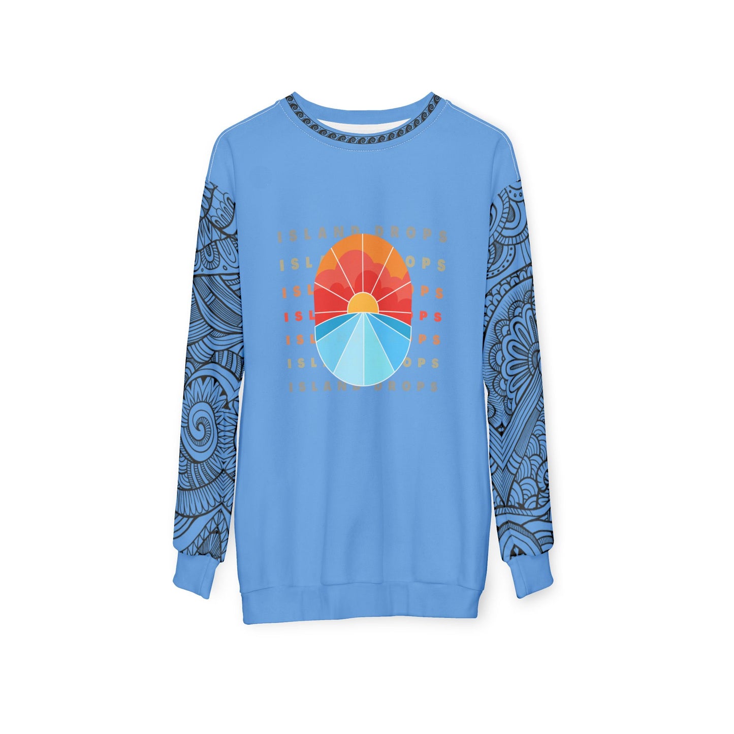 Blue sweatshirt with 'ISLAND DROPS' text behind a graphic sunset and tribal tattoo sleeve pattern - Island Drops long sleeve collection | Unisex sweatshirt