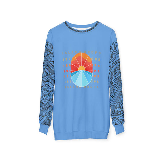 Blue sweatshirt with 'ISLAND DROPS' text behind a graphic sunset and tribal tattoo sleeve pattern - Island Drops long sleeve collection | Unisex sweatshirt