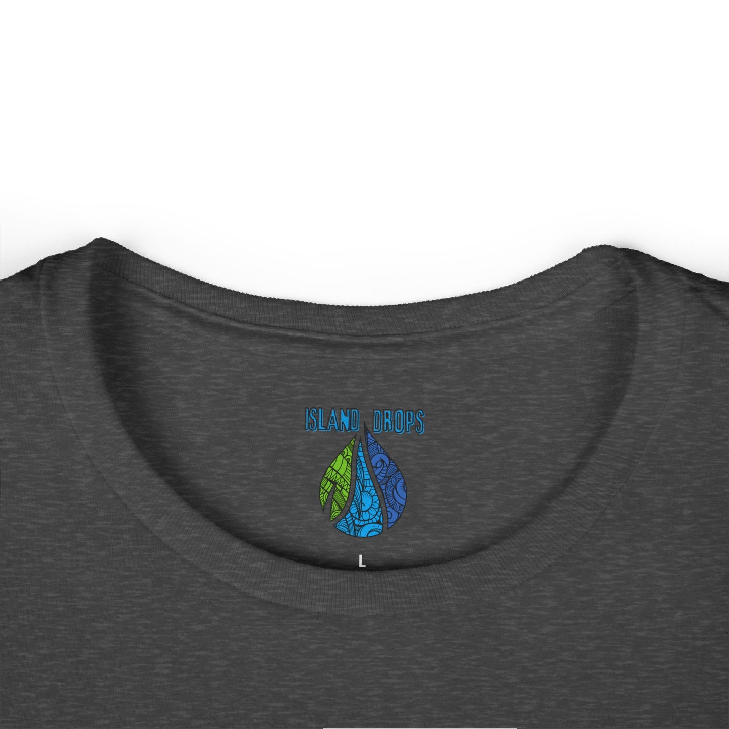 Gray t-shirt with colorful water droplet design and 'Bland Drops' text on a white background
