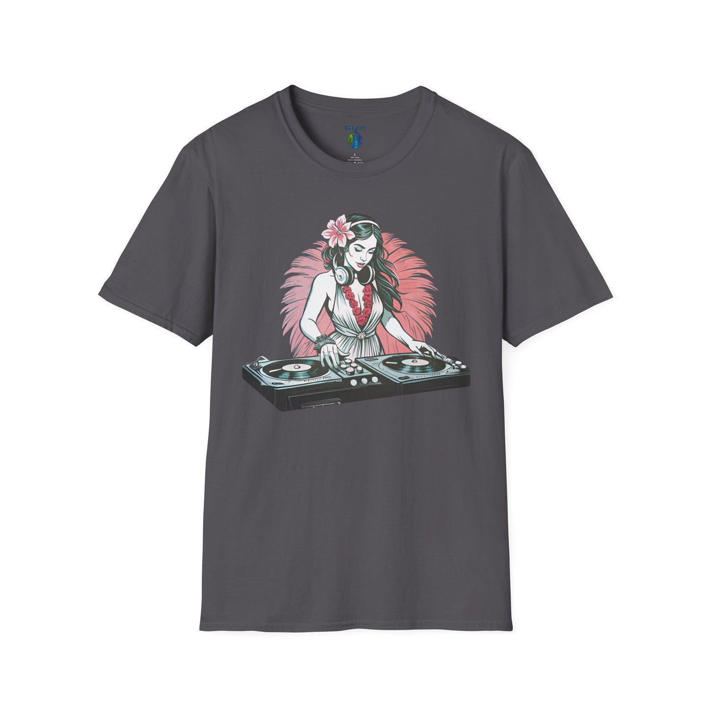 Gray t-shirt with a female hula dancer as a DJ graphic design - Island Drops T-shirt collection | Unisex t-shirt