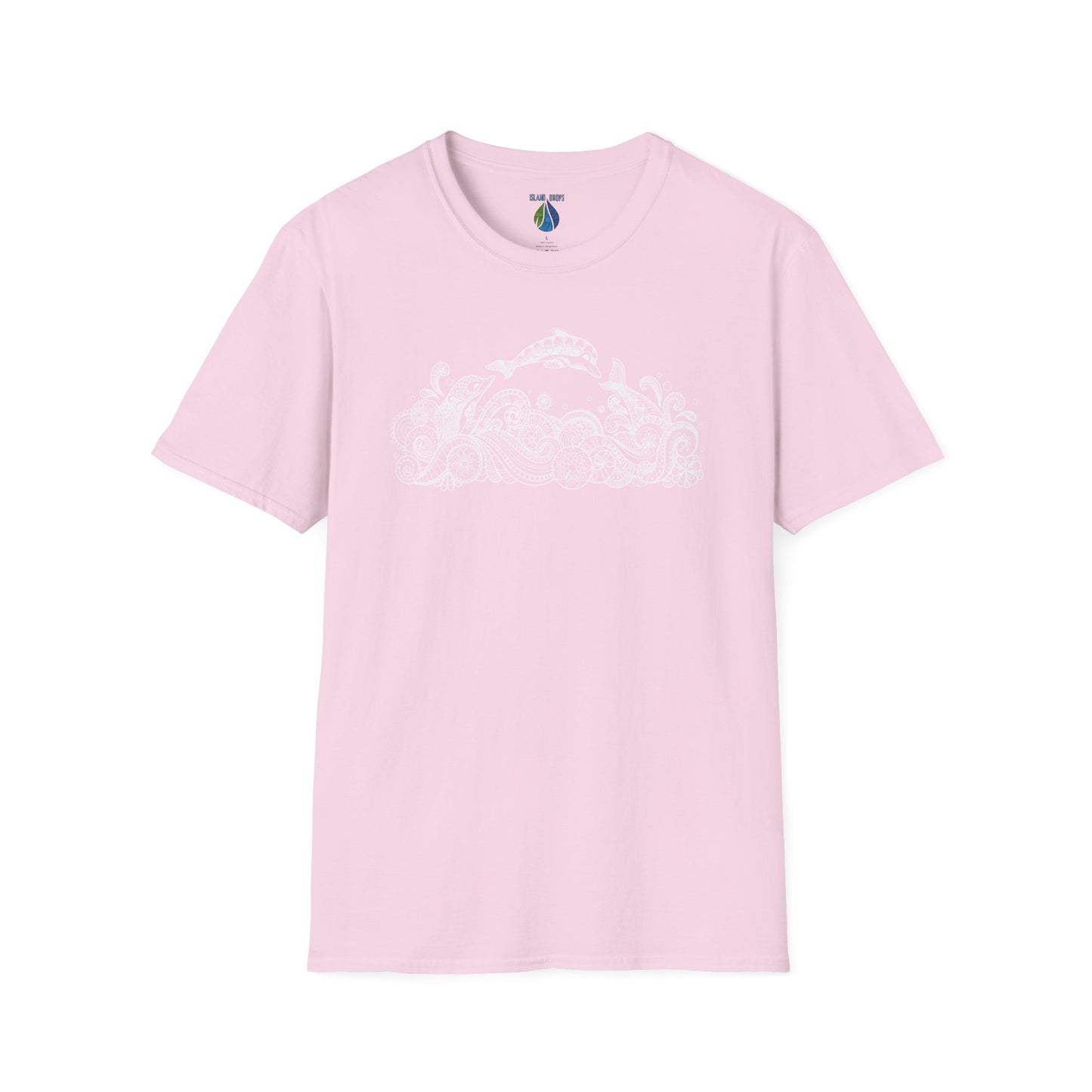 Pink t-shirt with dolphin and tribal tattoo style ocean graphic design - Island Drops t-shirt collection | Unisex t-shirts
