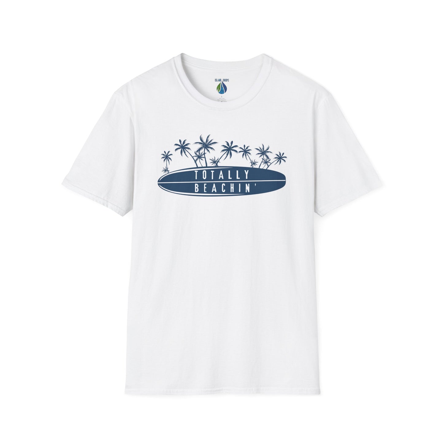 White  t-shirt  with 'TOTALLY BEACHIN' text and palm trees graphic design - Island Drops t-shirt collection | Unisex t-shirts