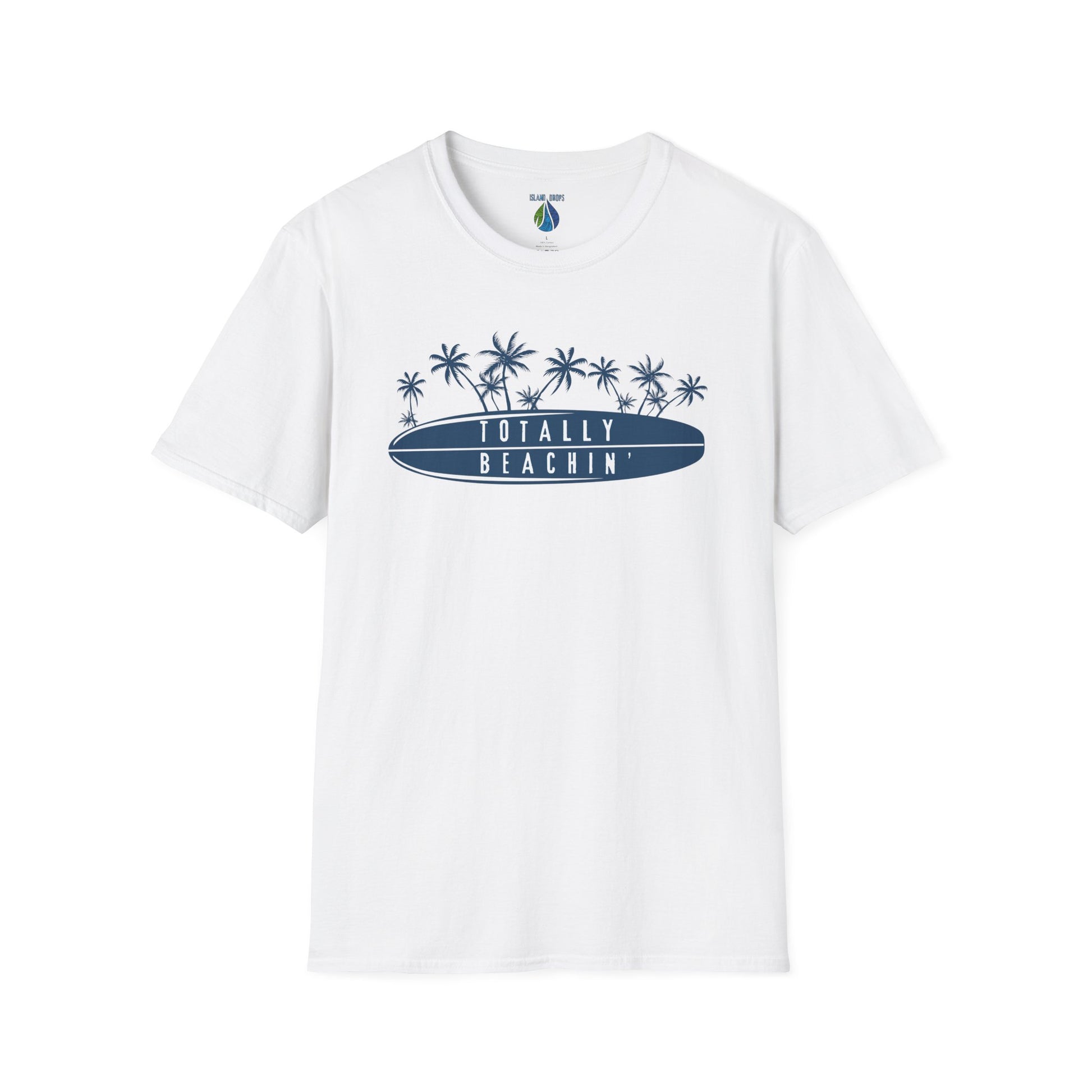White  t-shirt  with 'TOTALLY BEACHIN' text and palm trees graphic design - Island Drops t-shirt collection | Unisex t-shirts