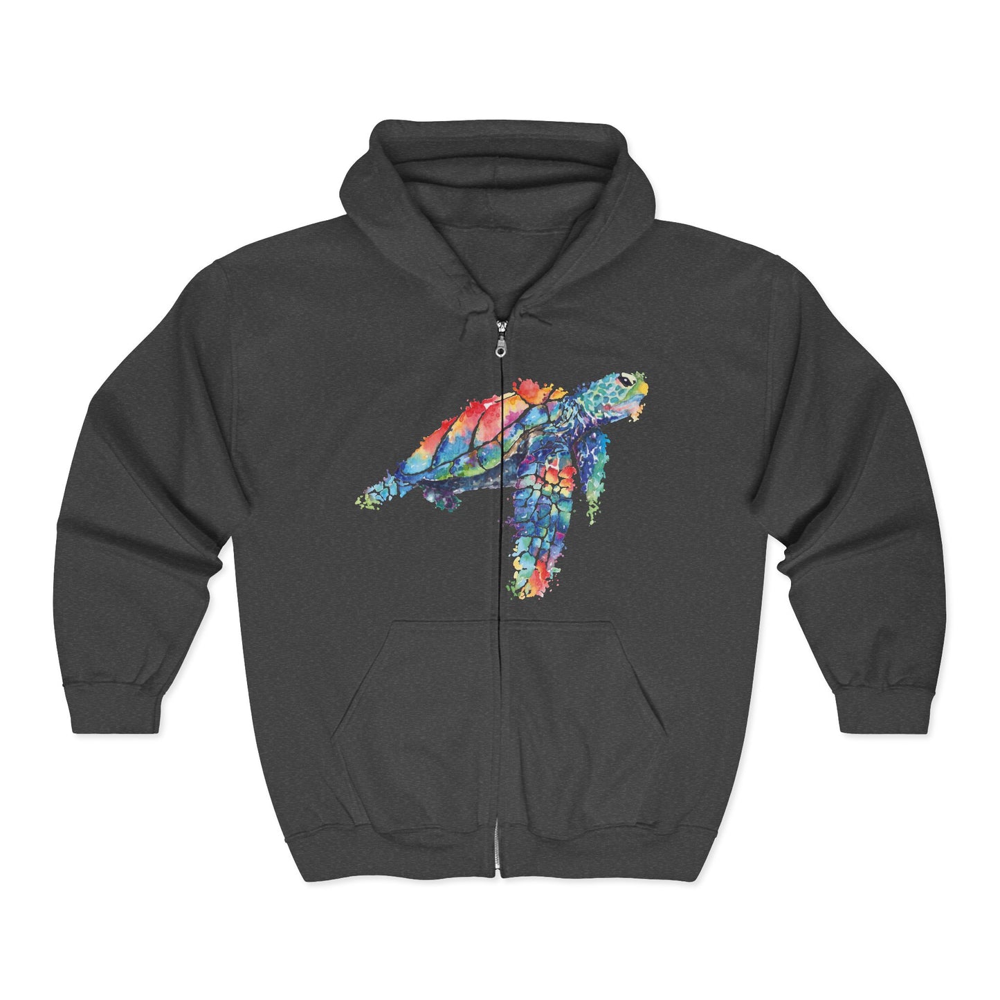 Gray full zip hoodie with a stylized watercolor turtle graphic design - Island Drops hoodie collection | Unisex zipper hoodie