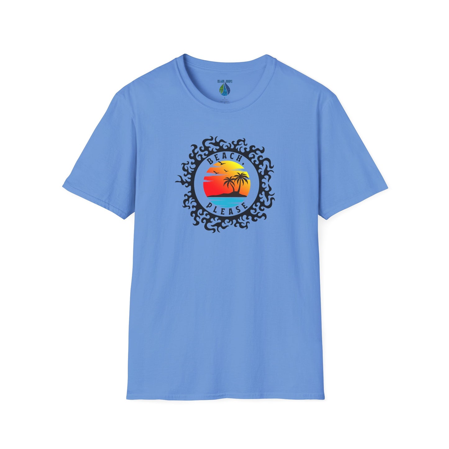 Blue t-shirt with 'BEACH, PLEASE' text and island sunset graphic design - Island Drops t-shirt collection | Unisex t-shirts