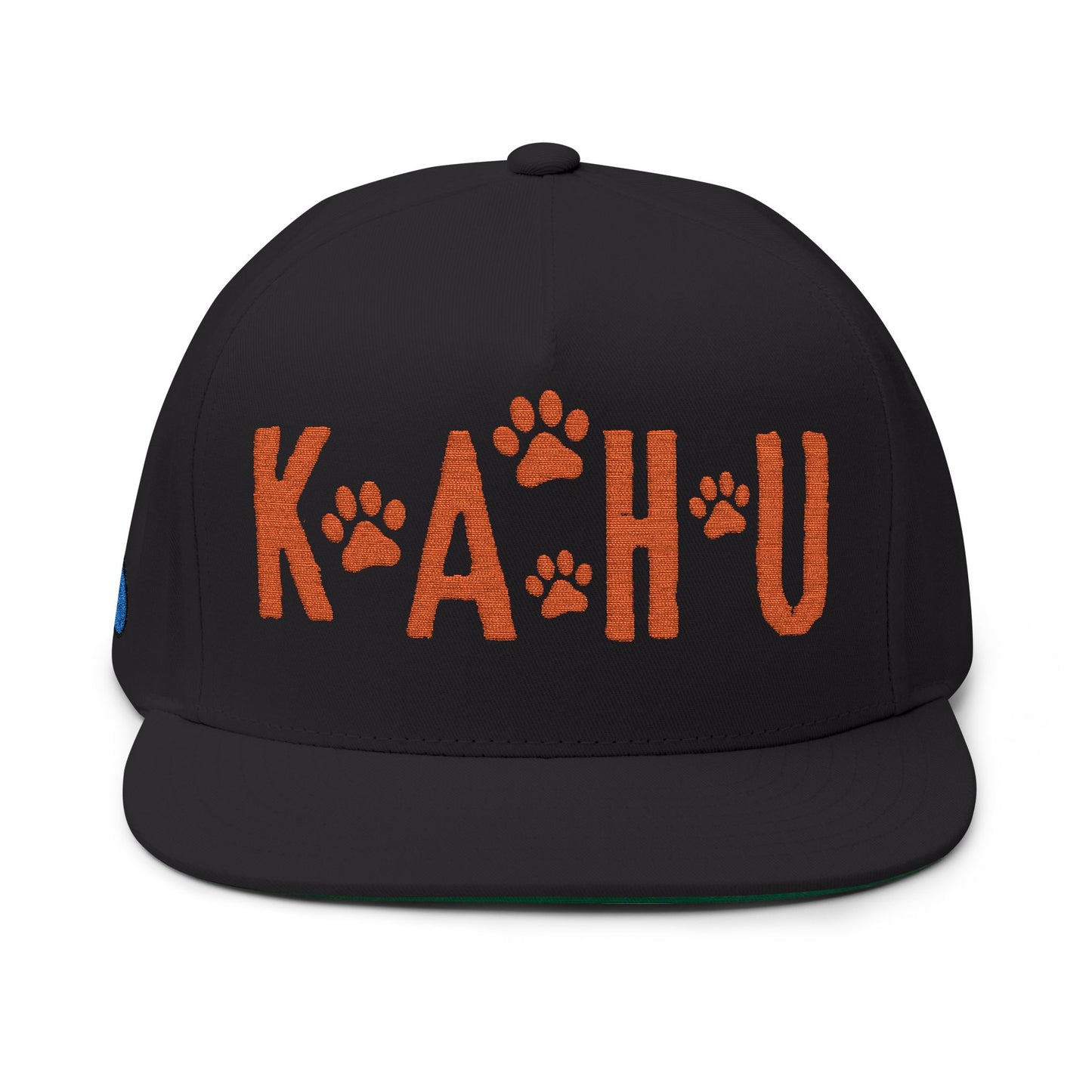 Black cap with 'KAHU' text and paw print graphic design - Island Drops hat collection | Unisex snapback caps