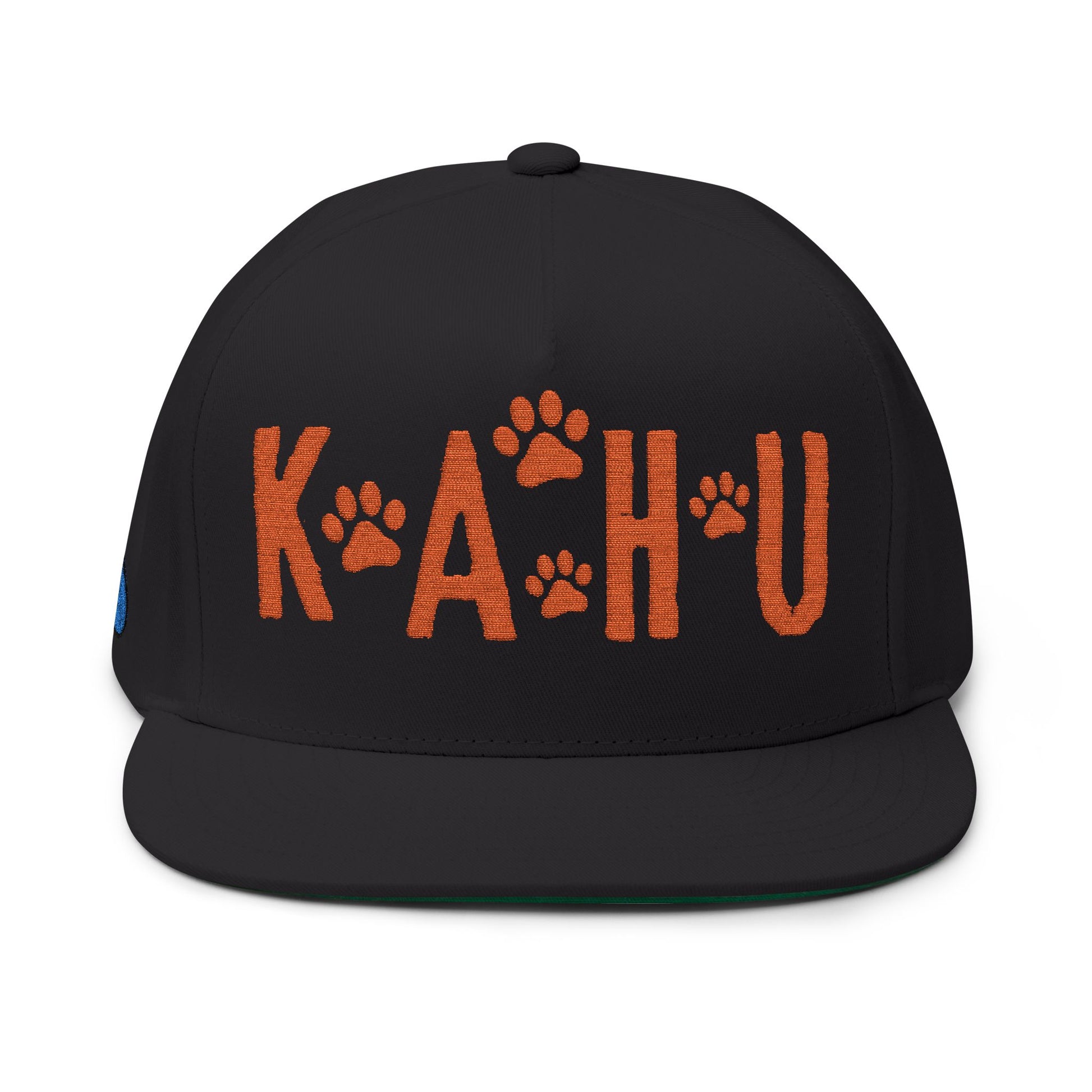 Black cap with 'KAHU' text and paw print graphic design - Island Drops hat collection | Unisex snapback caps