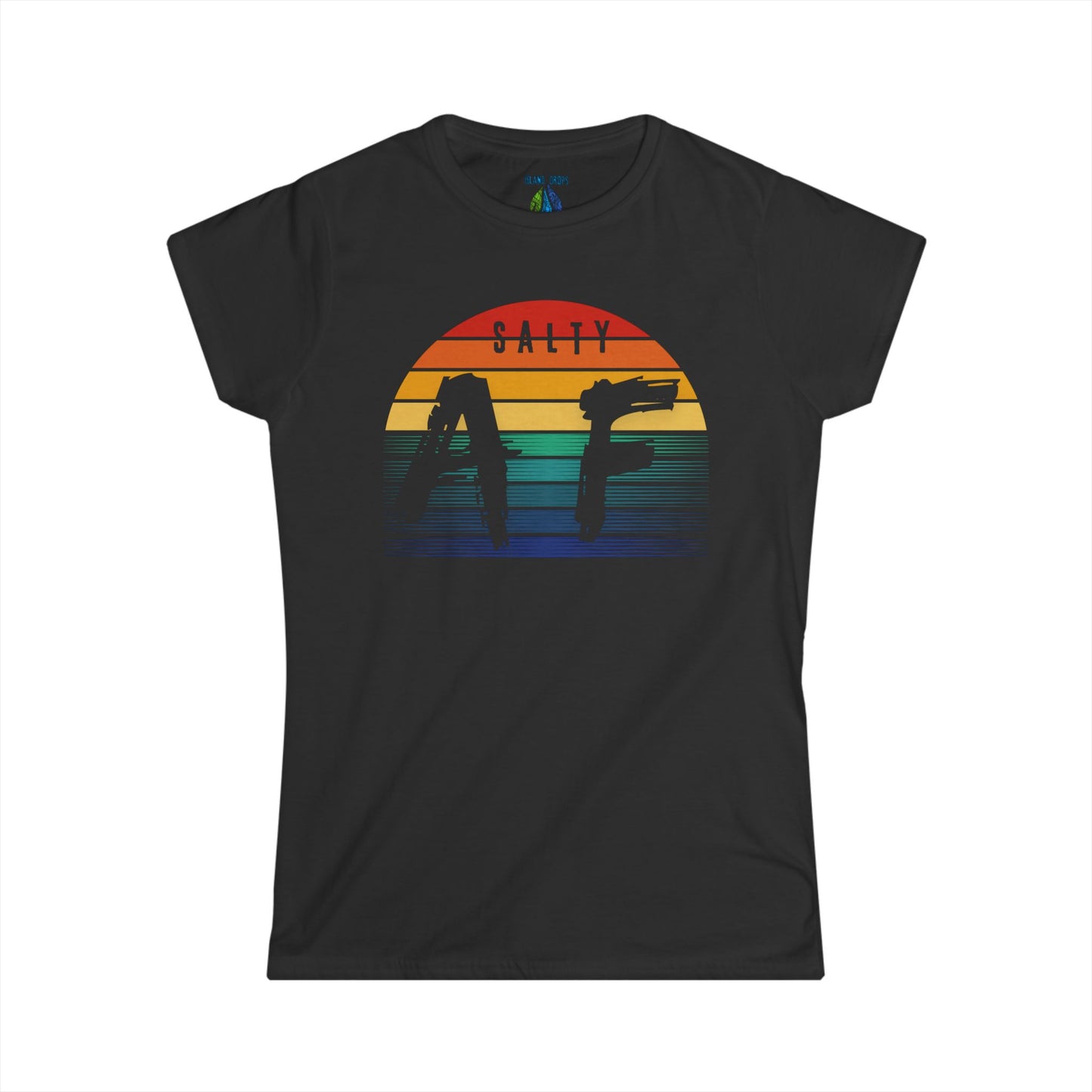 Black women's cut t-shirt with a colorful rainbow sunset graphic and 'Salty AF' text - Island Drops Women's collection | Women's cut t-shirt