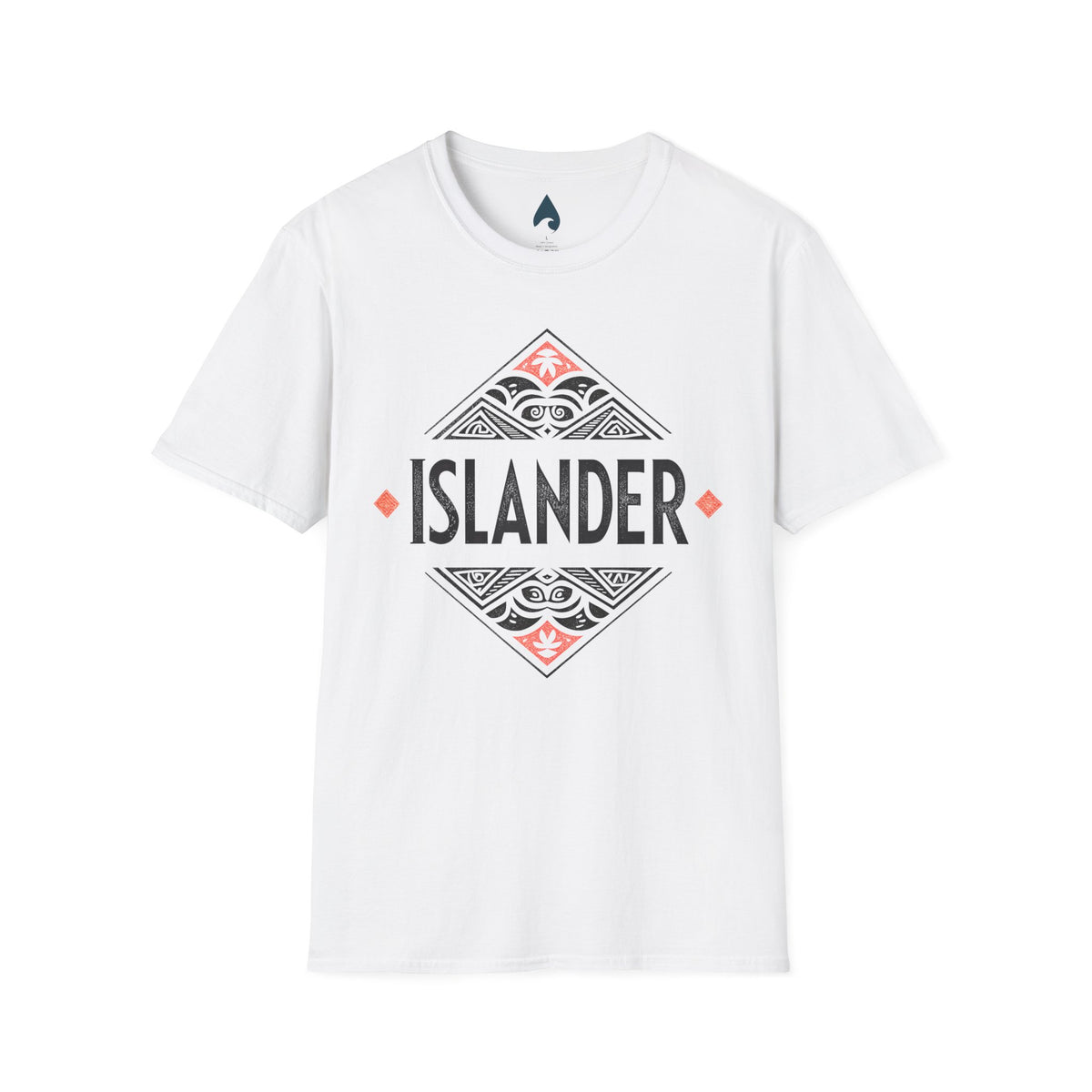 White ISLANDER Softstyle T-shirt with black and coral diamond tribal graphic
