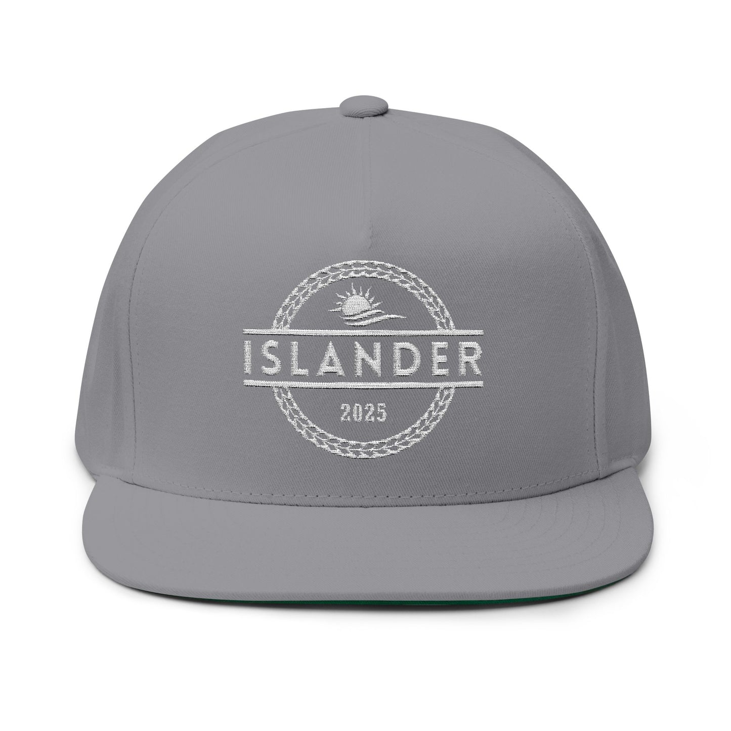 Gray cap with 'ISLANDER' text and sunset graphic design - Island Drops hat collection | Unisex snapback caps
