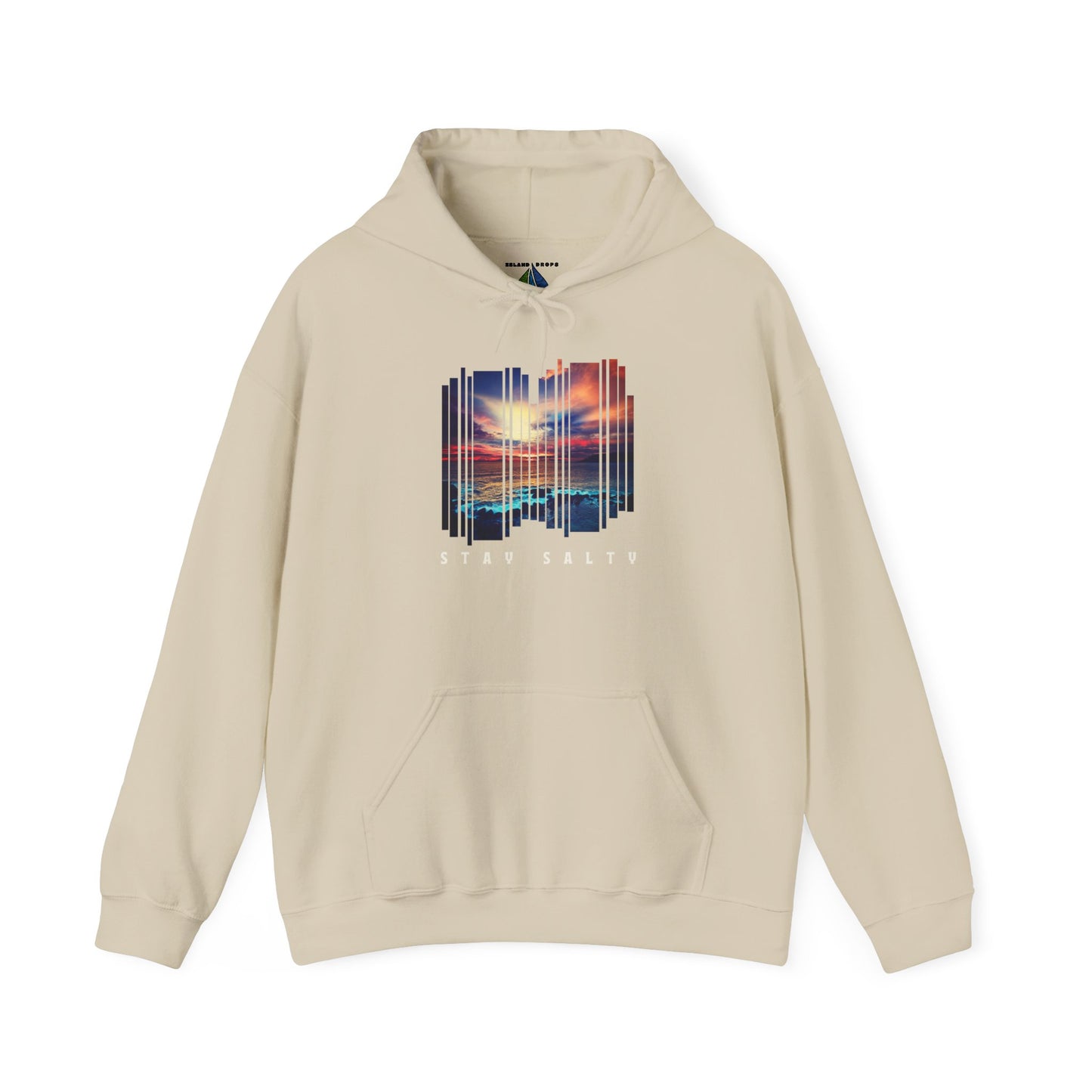 Beige hoodie with a stylized beach sunset graphic and 'STAY SALTY' text - Island Drops hoodie collection | Unisex pullover