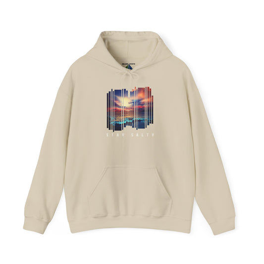 Beige hoodie with a stylized beach sunset graphic and 'STAY SALTY' text - Island Drops hoodie collection | Unisex pullover