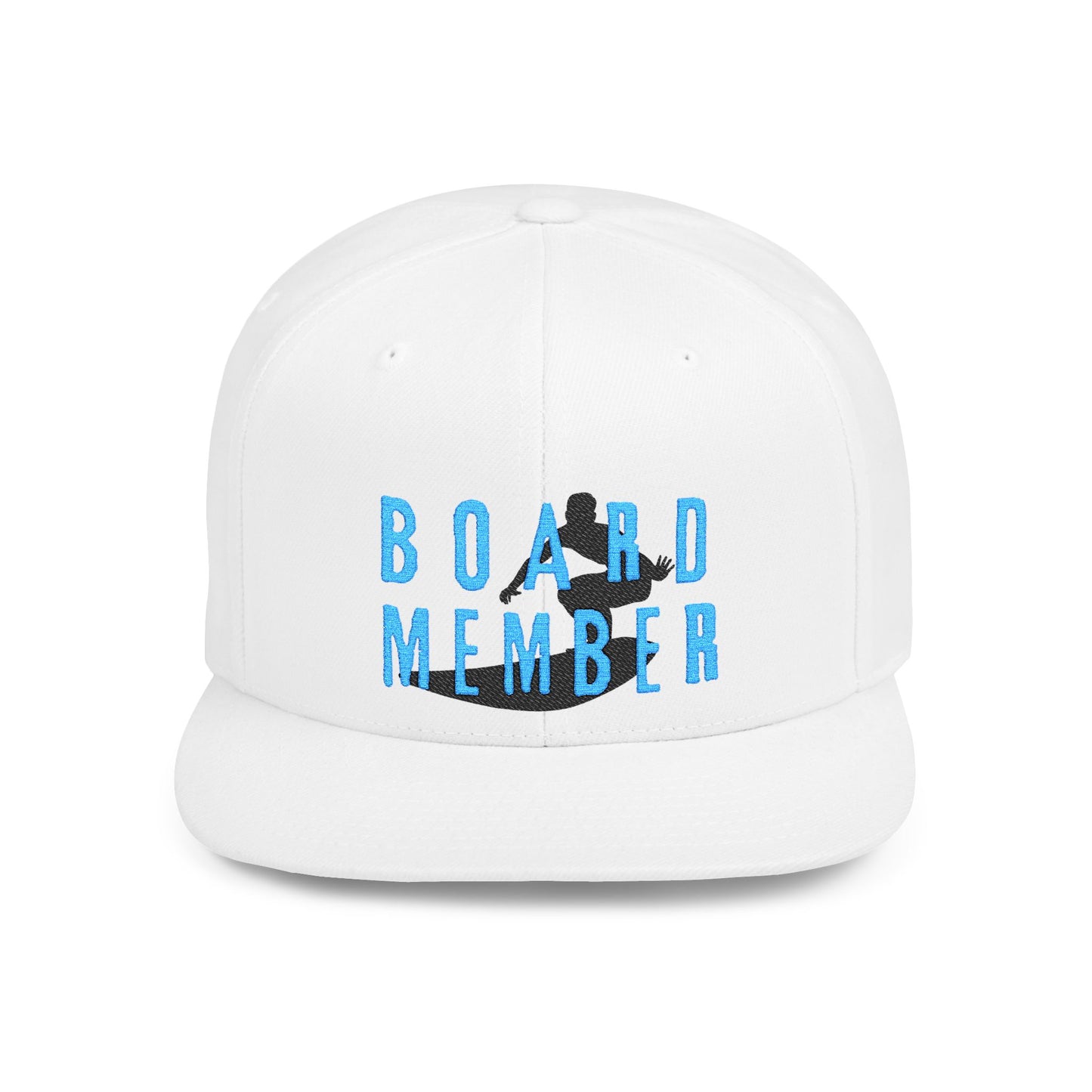 White cap with 'BOARD MEMBER' text and a surfer graphic design - Island Drops hat collection | Unisex snapback cap