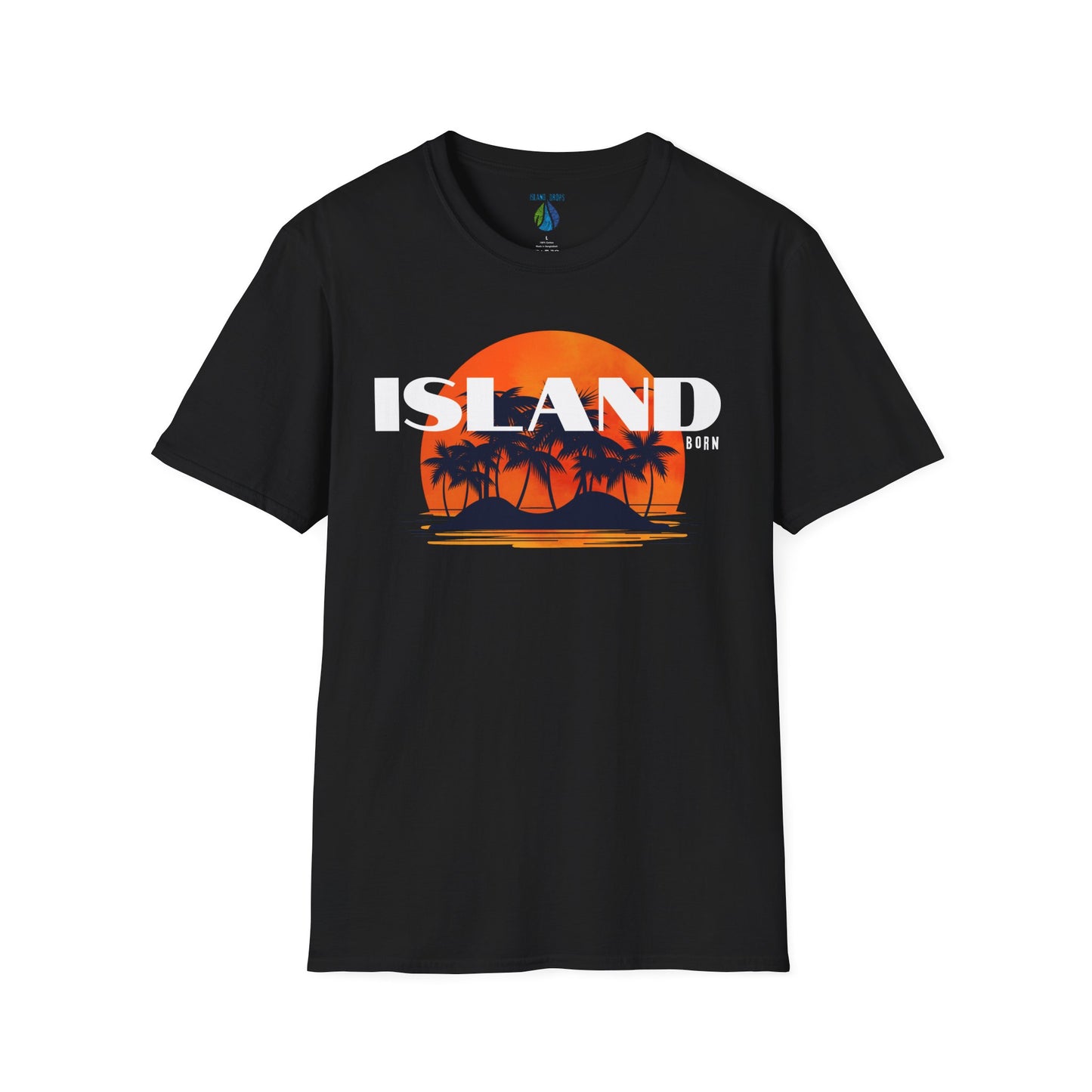 Black t-shirt with 'ISLAND BORN' graphic design with sunset and palm trees on an island - Island Drops t-shirt collection | Unisex t-shirts