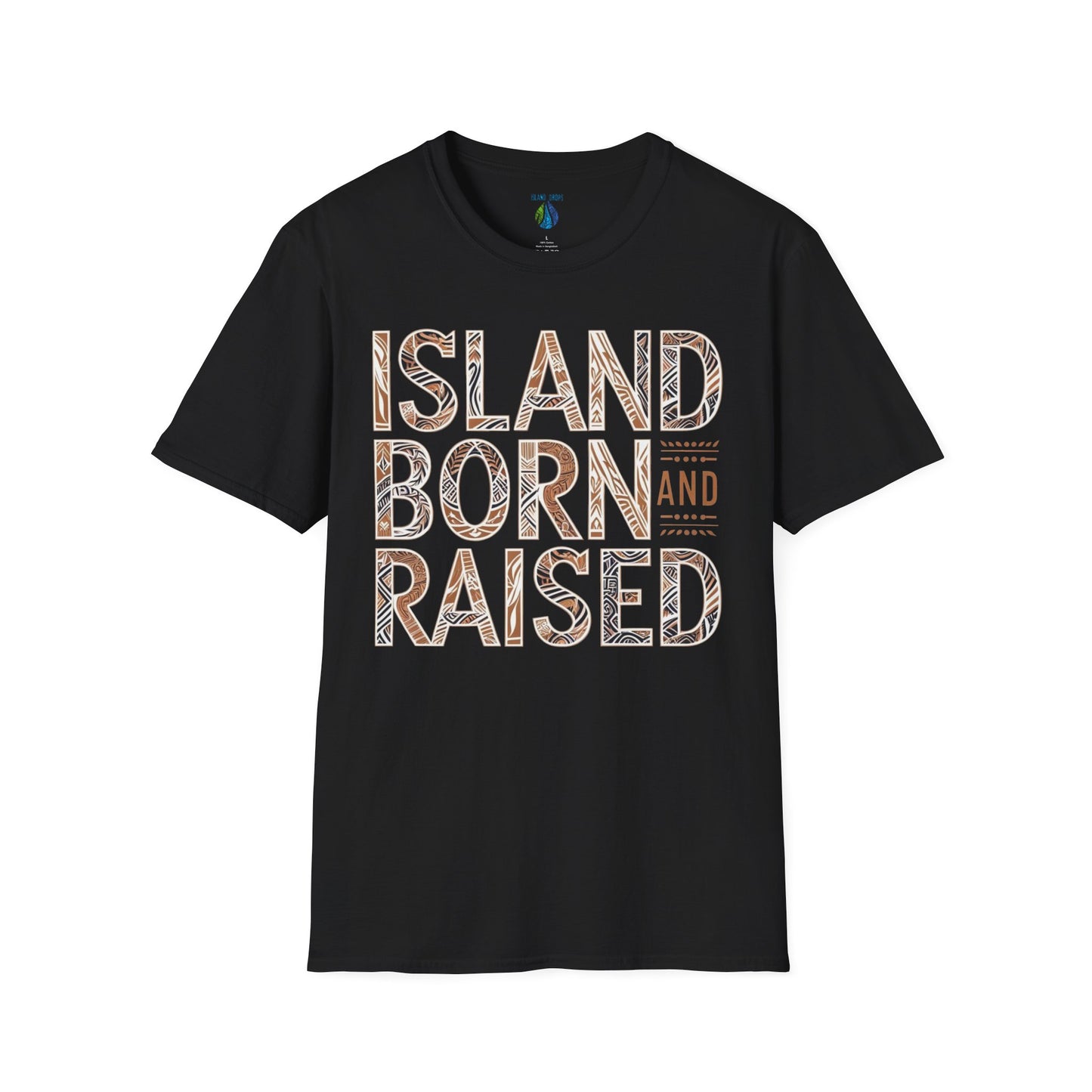 Black t-shirt with graphic 'Island Born and Raised' text  - Island Drops t-shirt collection | Unisex t-shirt