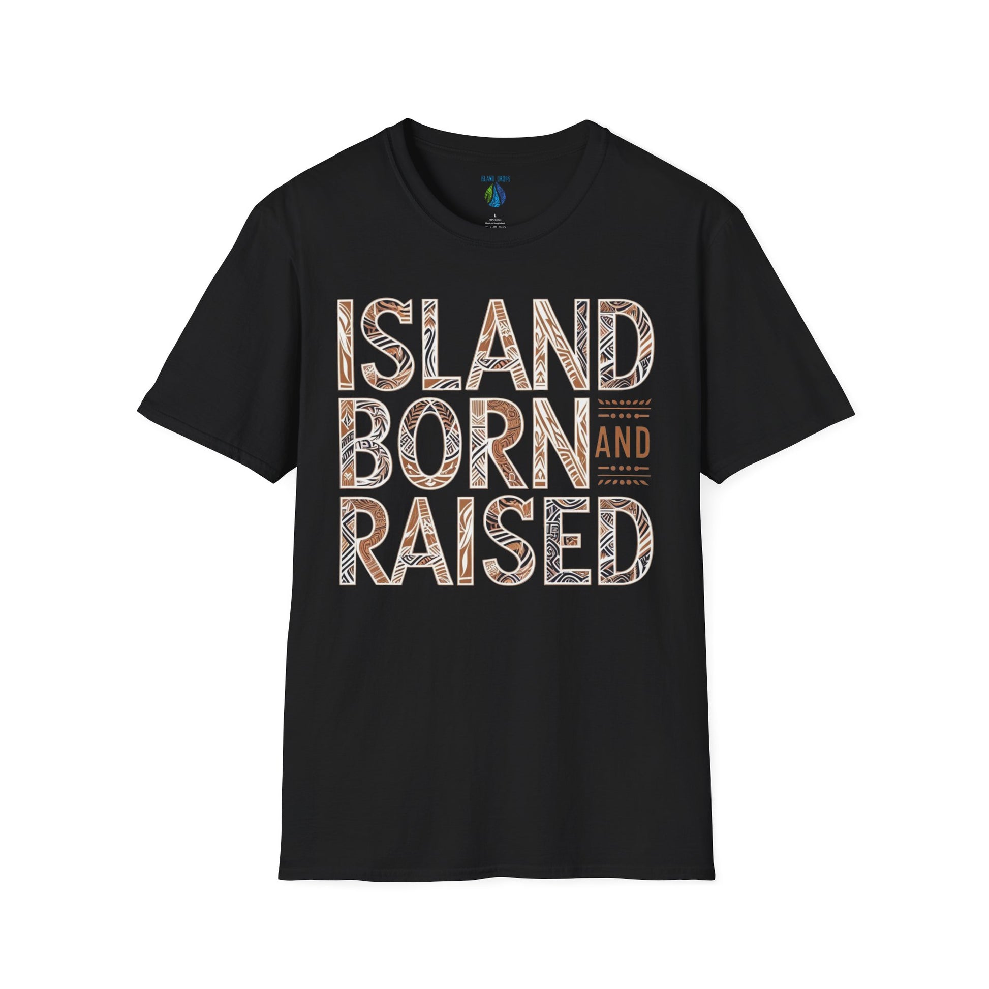 Black t-shirt with graphic 'Island Born and Raised' text  - Island Drops t-shirt collection | Unisex t-shirt